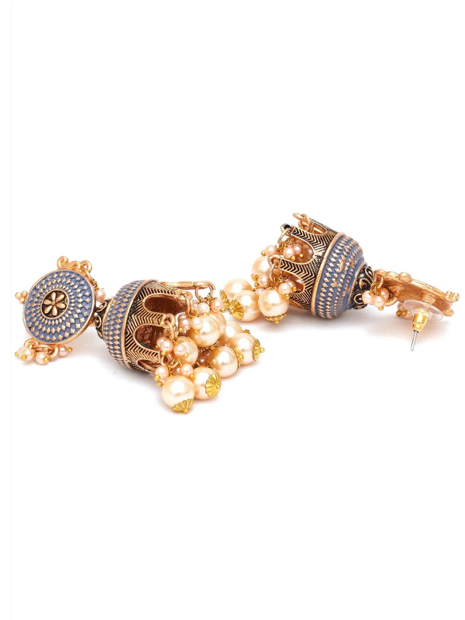Karatcart Antique Gold Plated Grey Tomb Style with Golden Pearl Jhumki Earrings for Women