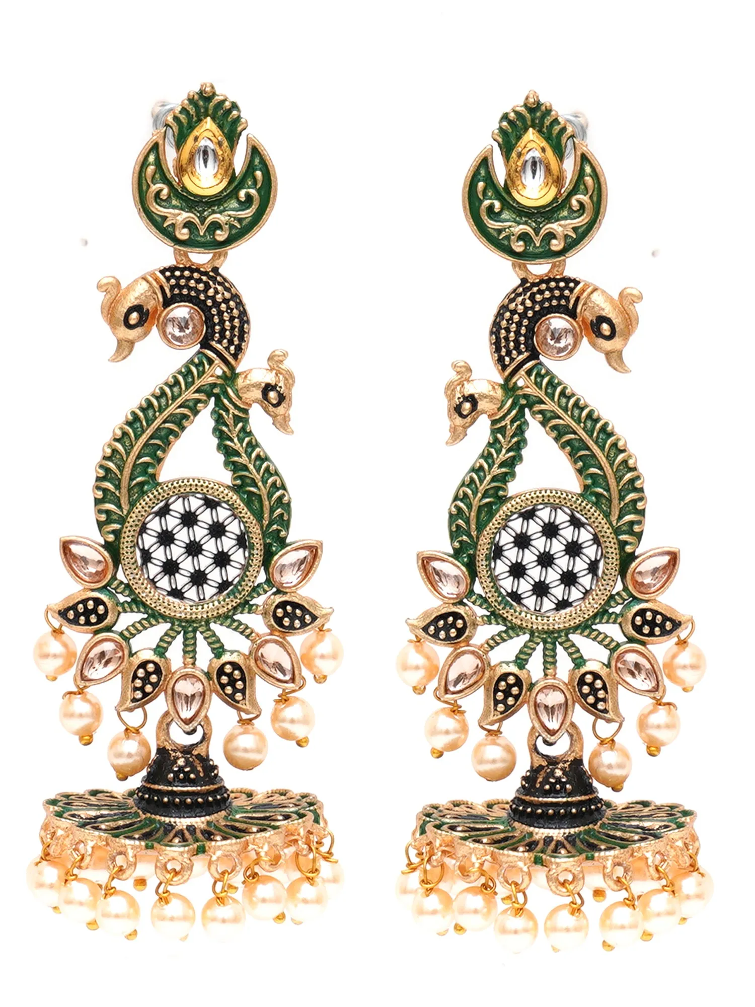 Karatcart Antique Gold Plated Kundan Studded Green Meena Peacock with Flat Jhumki Dangler Earrings