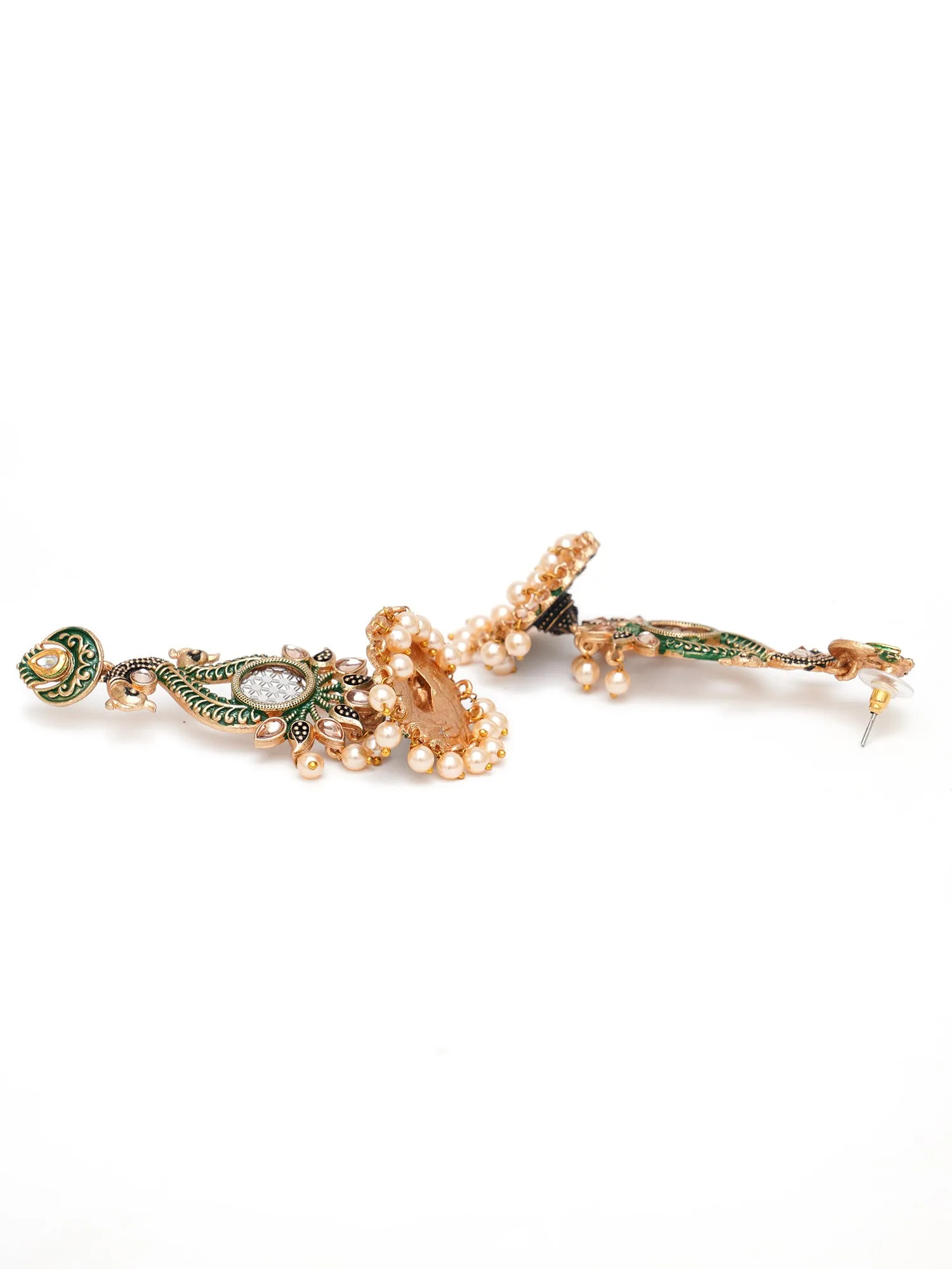 Karatcart Antique Gold Plated Kundan Studded Green Meena Peacock with Flat Jhumki Dangler Earrings