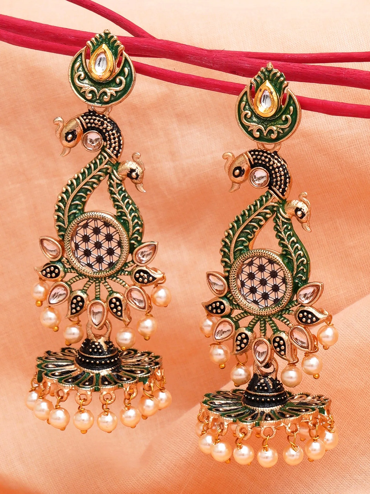 Karatcart Antique Gold Plated Kundan Studded Green Meena Peacock with Flat Jhumki Dangler Earrings