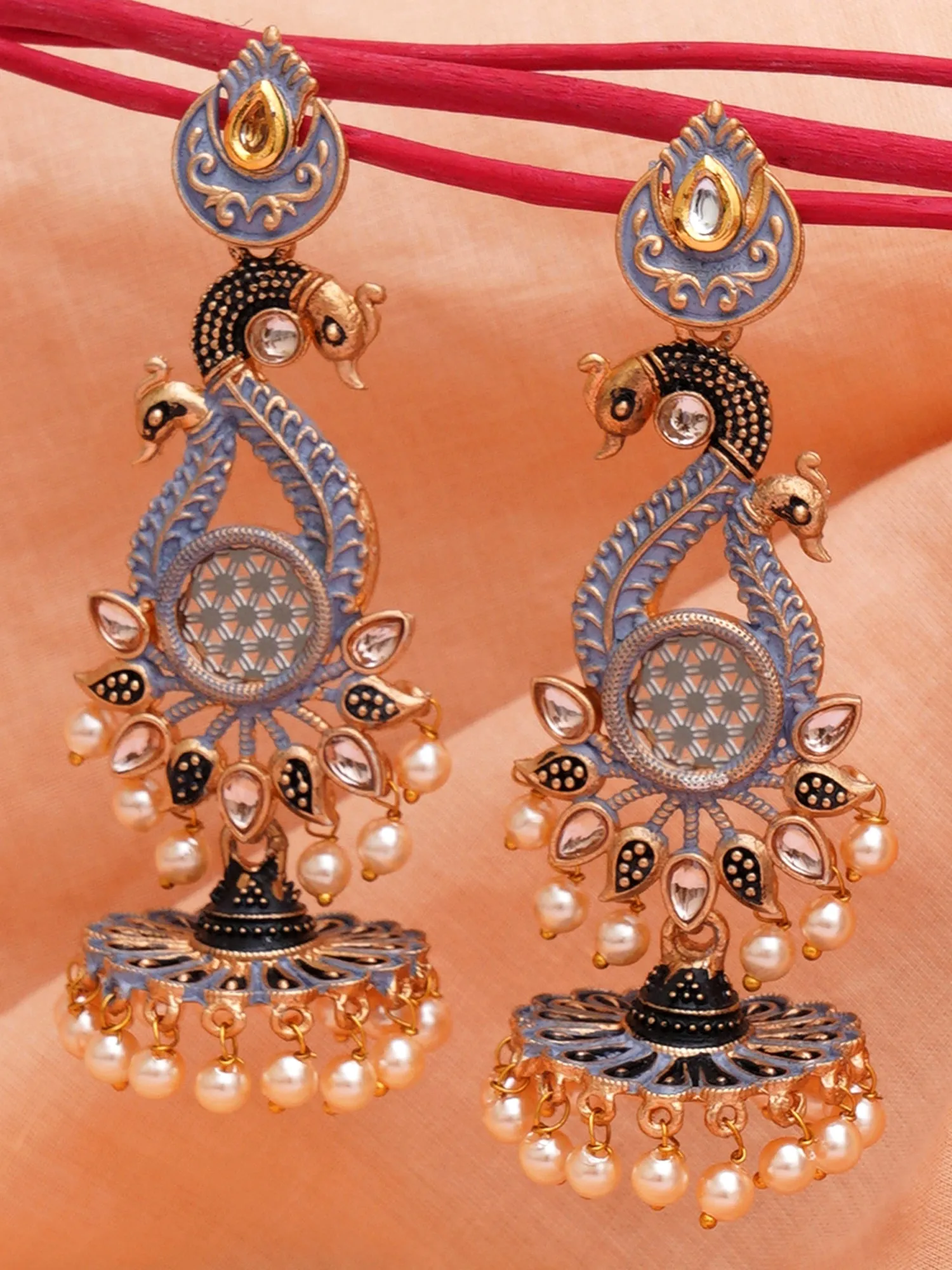 Karatcart Antique Gold Plated Kundan Studded Grey Meena Peacock with Flat Jhumki Dangler Earrings