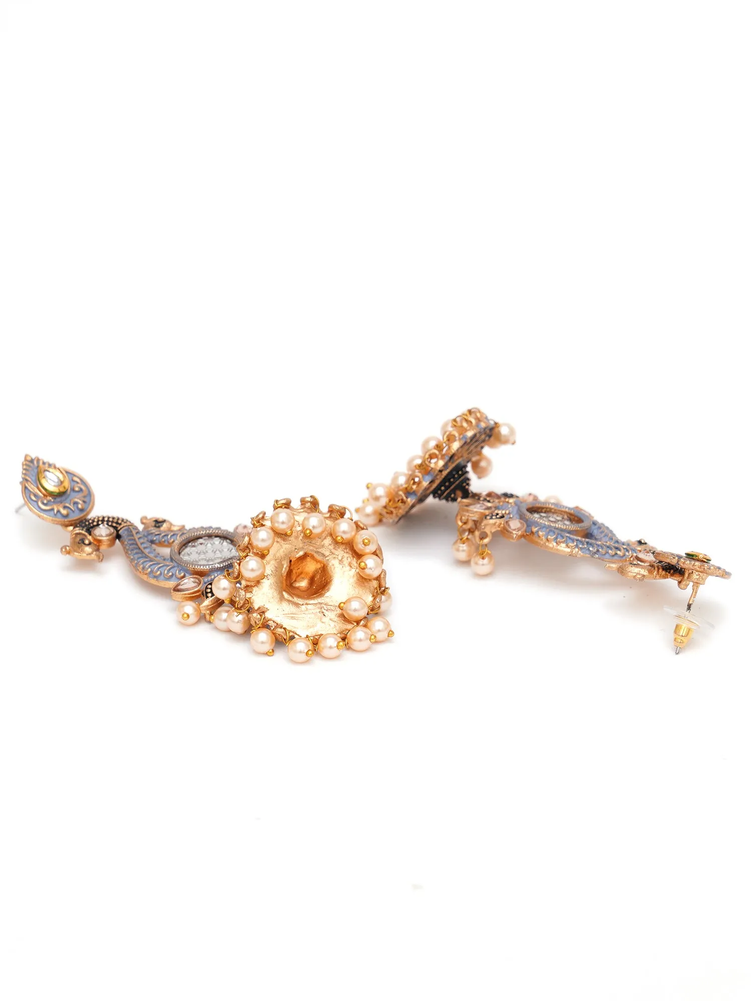 Karatcart Antique Gold Plated Kundan Studded Grey Meena Peacock with Flat Jhumki Dangler Earrings