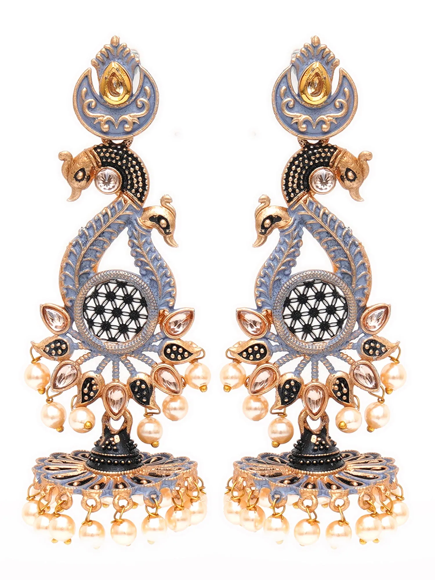 Karatcart Antique Gold Plated Kundan Studded Grey Meena Peacock with Flat Jhumki Dangler Earrings
