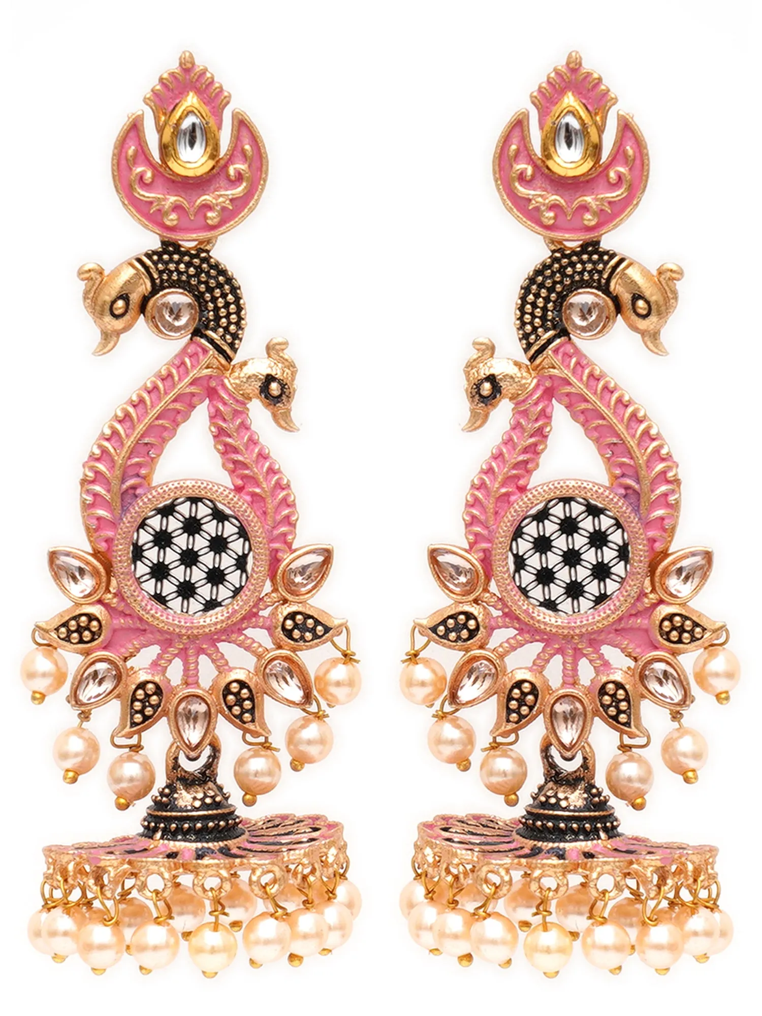 Karatcart Antique Gold Plated Kundan Studded Pink Meena Peacock with Flat Jhumki Dangler Earrings