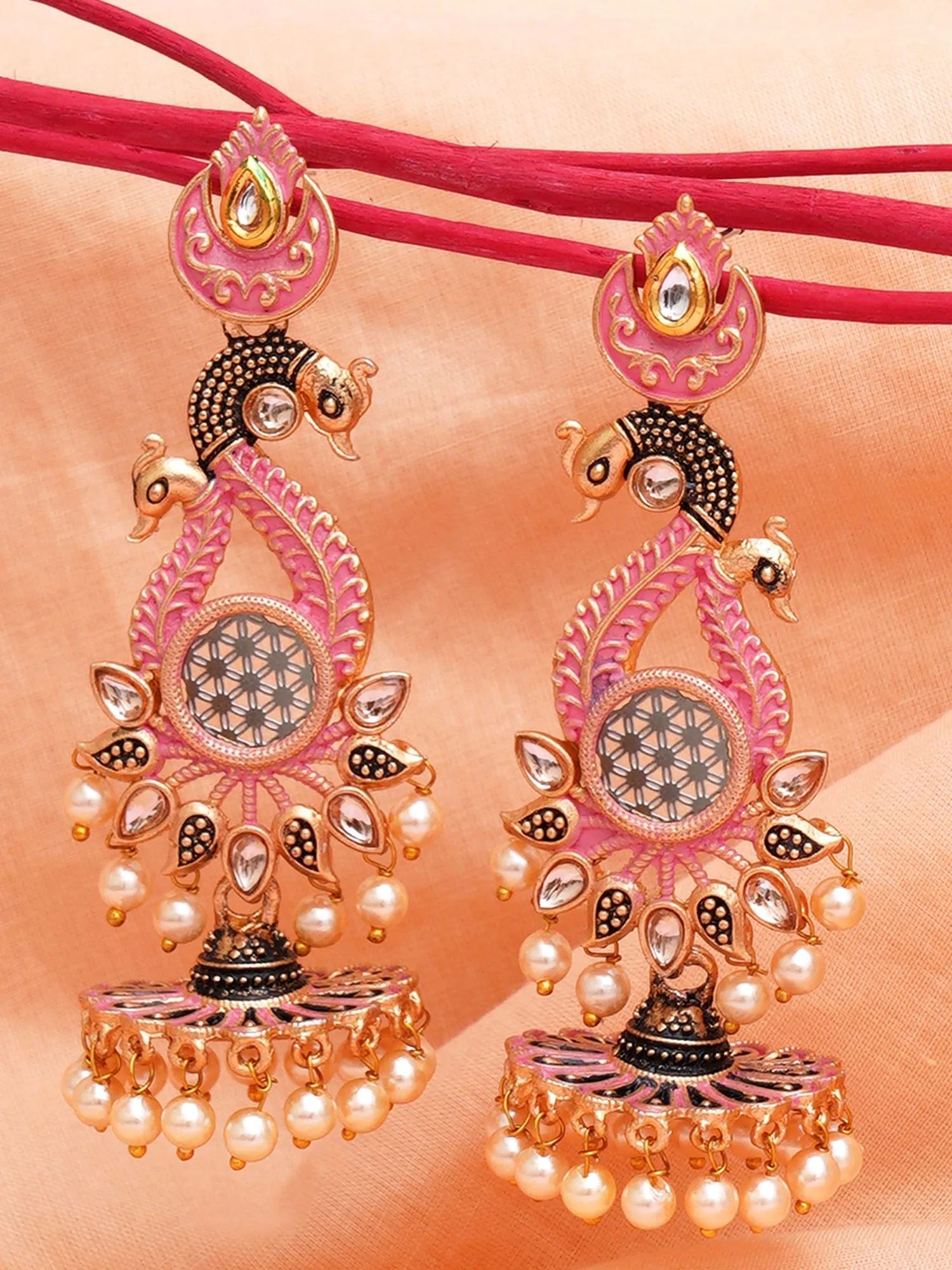 Karatcart Antique Gold Plated Kundan Studded Pink Meena Peacock with Flat Jhumki Dangler Earrings