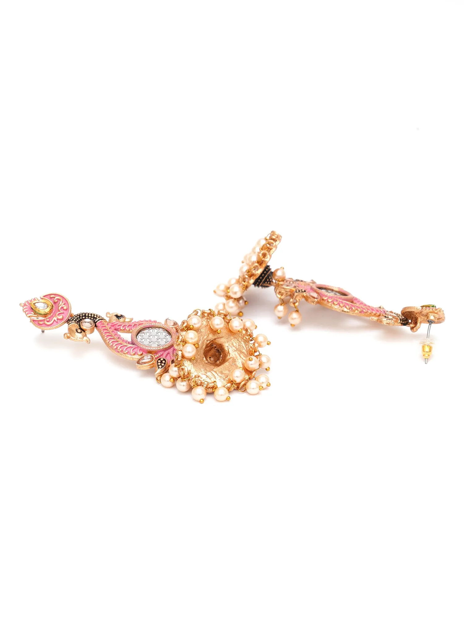 Karatcart Antique Gold Plated Kundan Studded Pink Meena Peacock with Flat Jhumki Dangler Earrings
