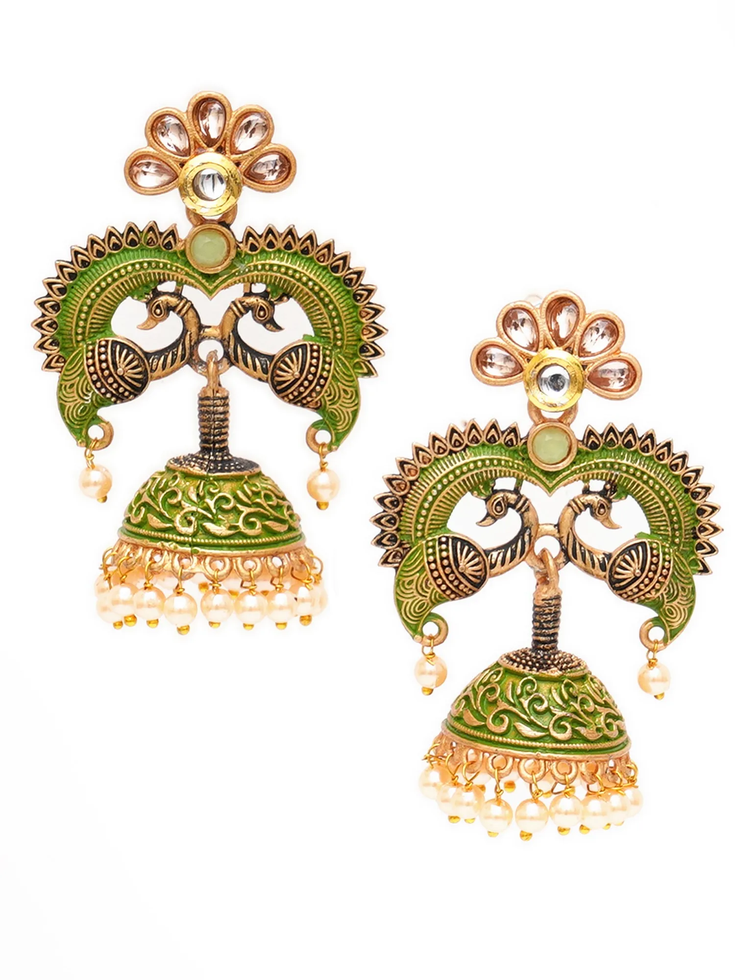 Karatcart Antique Gold Plated Light Green Designer Peacock Jhumki Earrings for Women