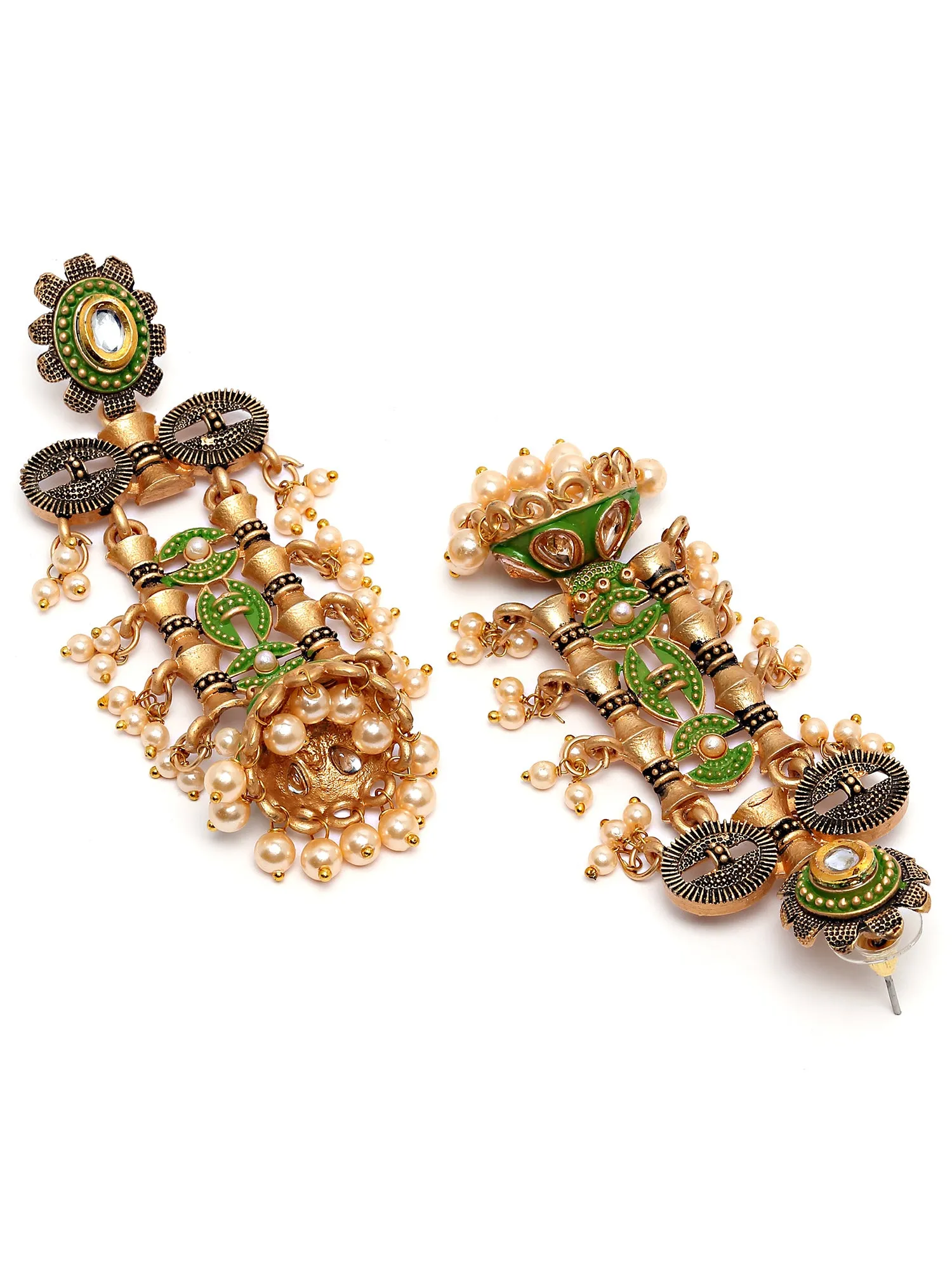 Karatcart Antique Gold Plated Light Green Kundan Drop Earrings for Women