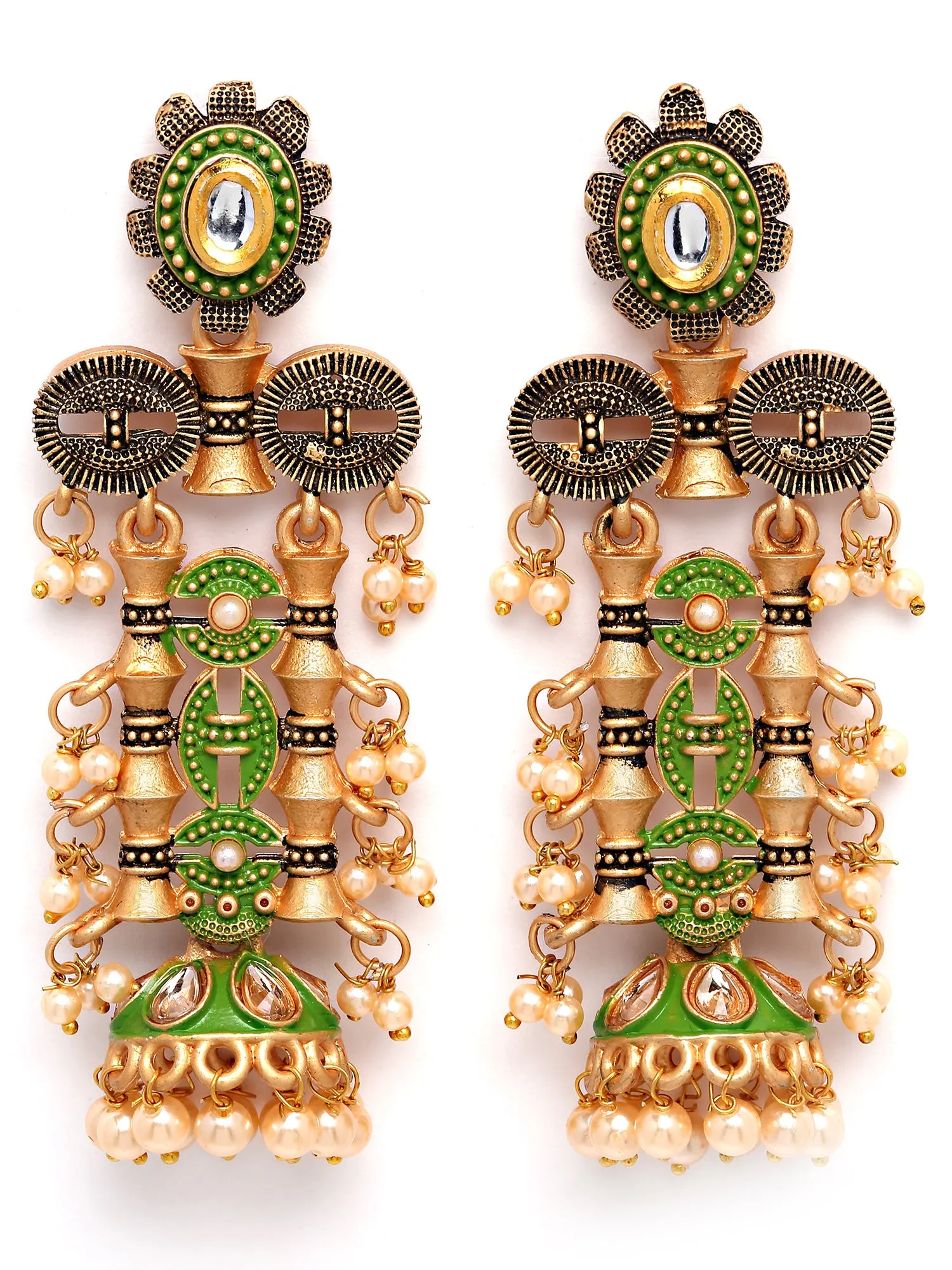 Karatcart Antique Gold Plated Light Green Kundan Drop Earrings for Women