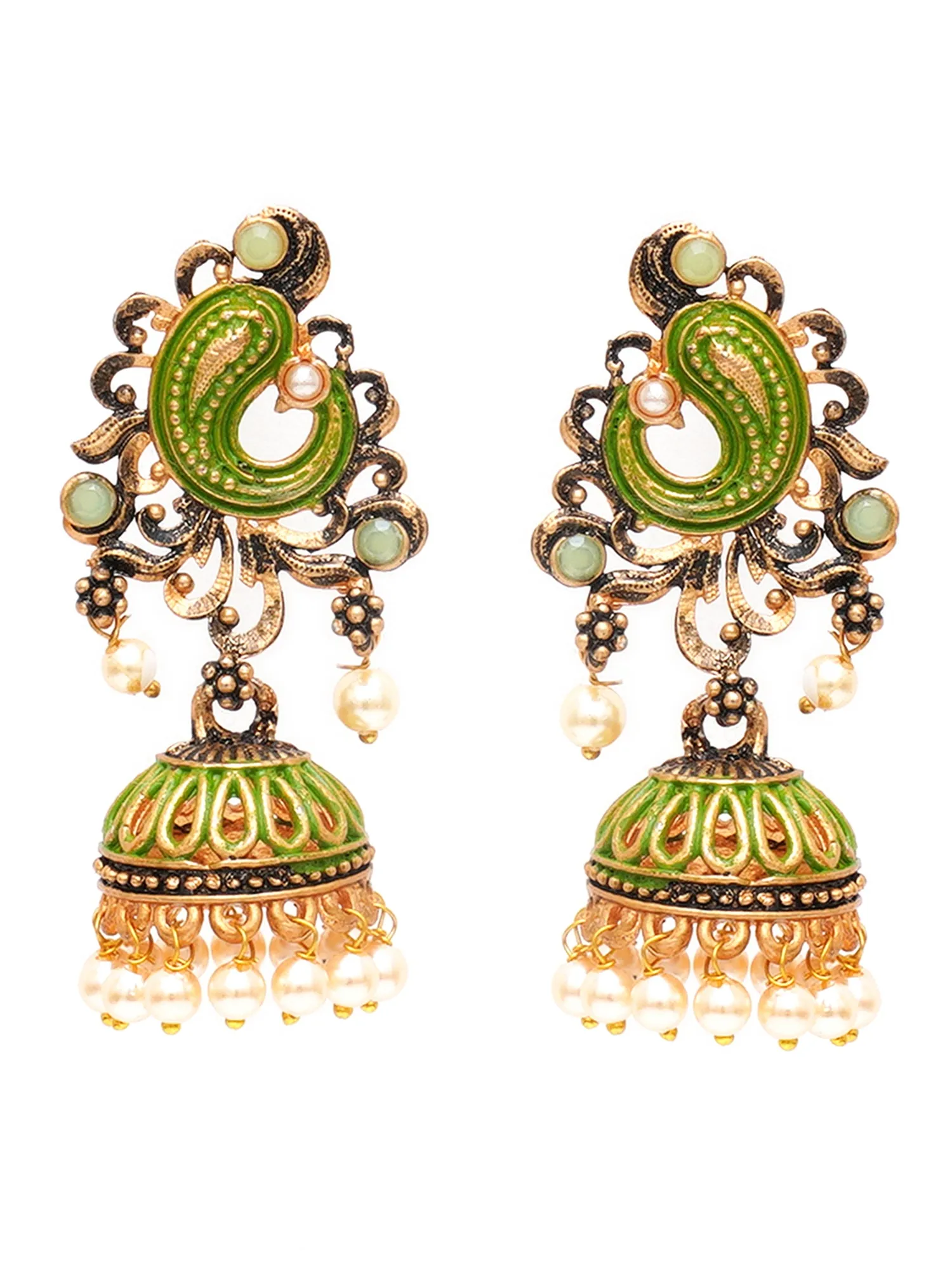 Karatcart Antique Gold Plated Light Green Stone with Meena Jhumki Earrings for Women