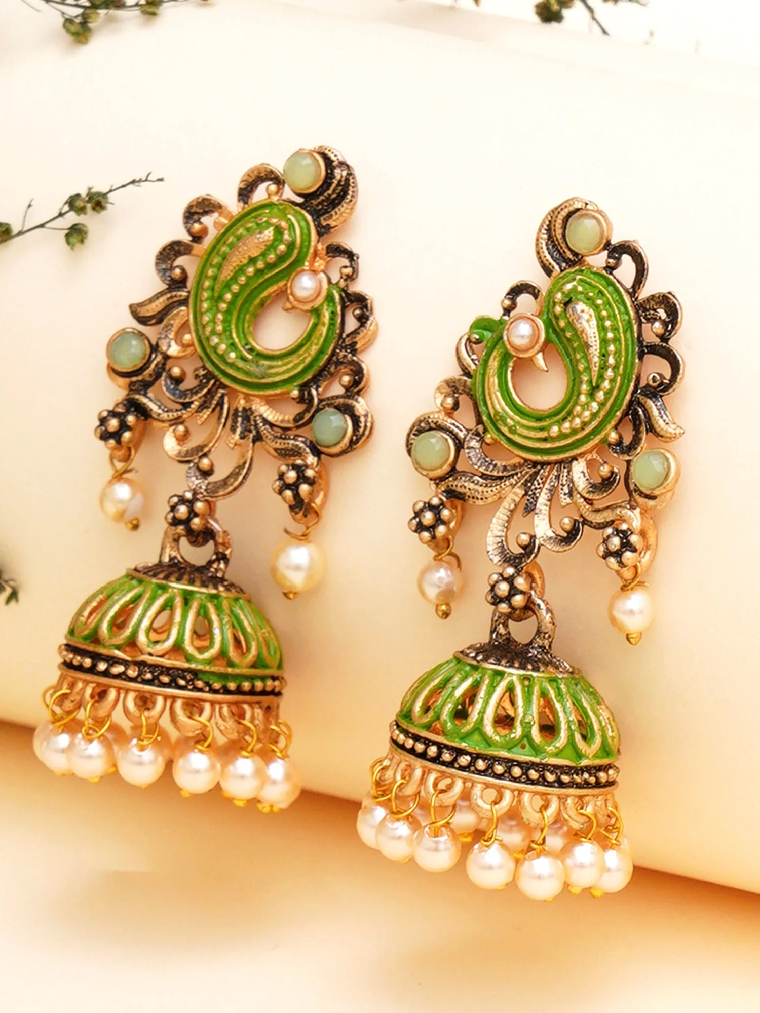 Karatcart Antique Gold Plated Light Green Stone with Meena Jhumki Earrings for Women