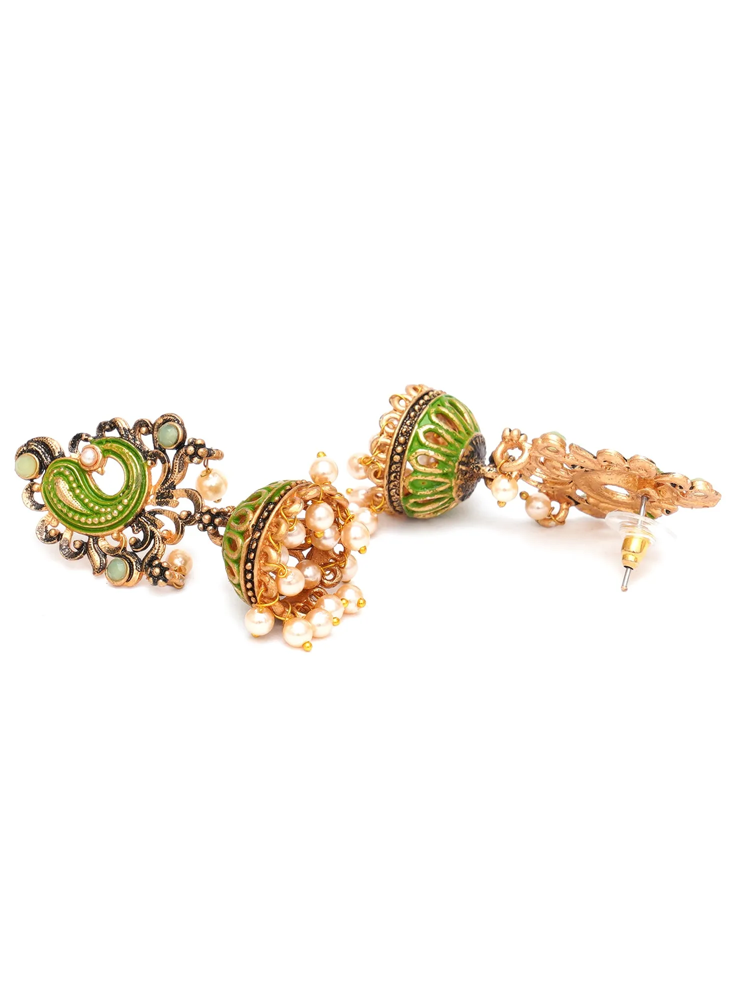 Karatcart Antique Gold Plated Light Green Stone with Meena Jhumki Earrings for Women