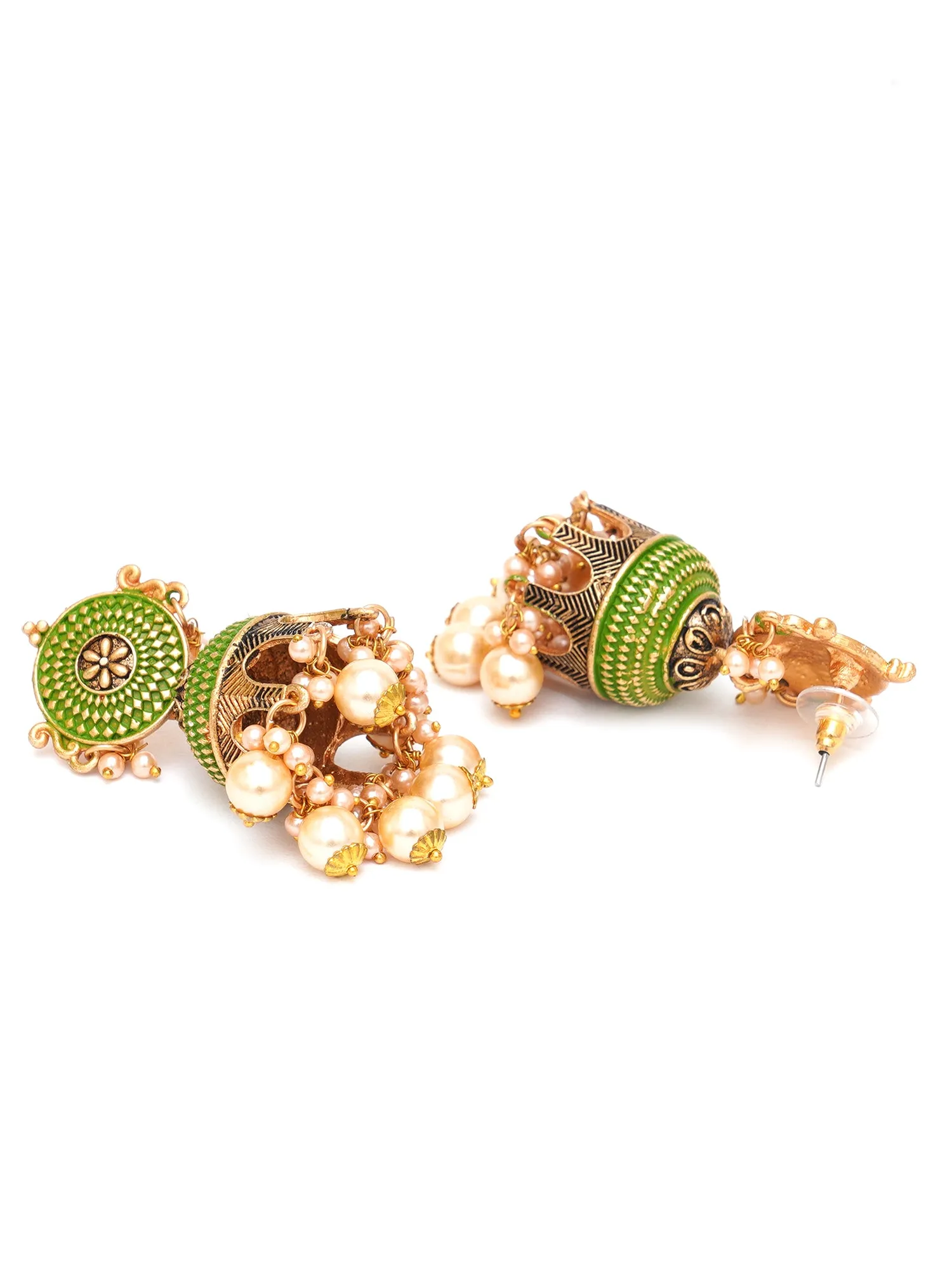 Karatcart Antique Gold Plated Light Green Tomb Style with Golden Pearl Jhumki Earrings for Women