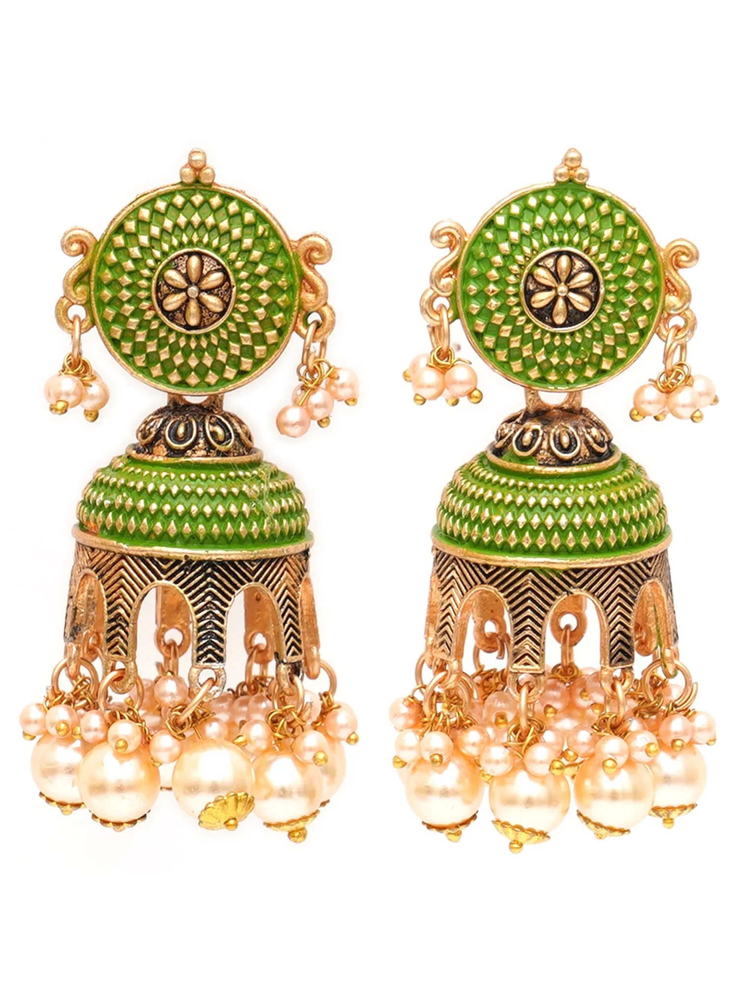 Karatcart Antique Gold Plated Light Green Tomb Style with Golden Pearl Jhumki Earrings for Women