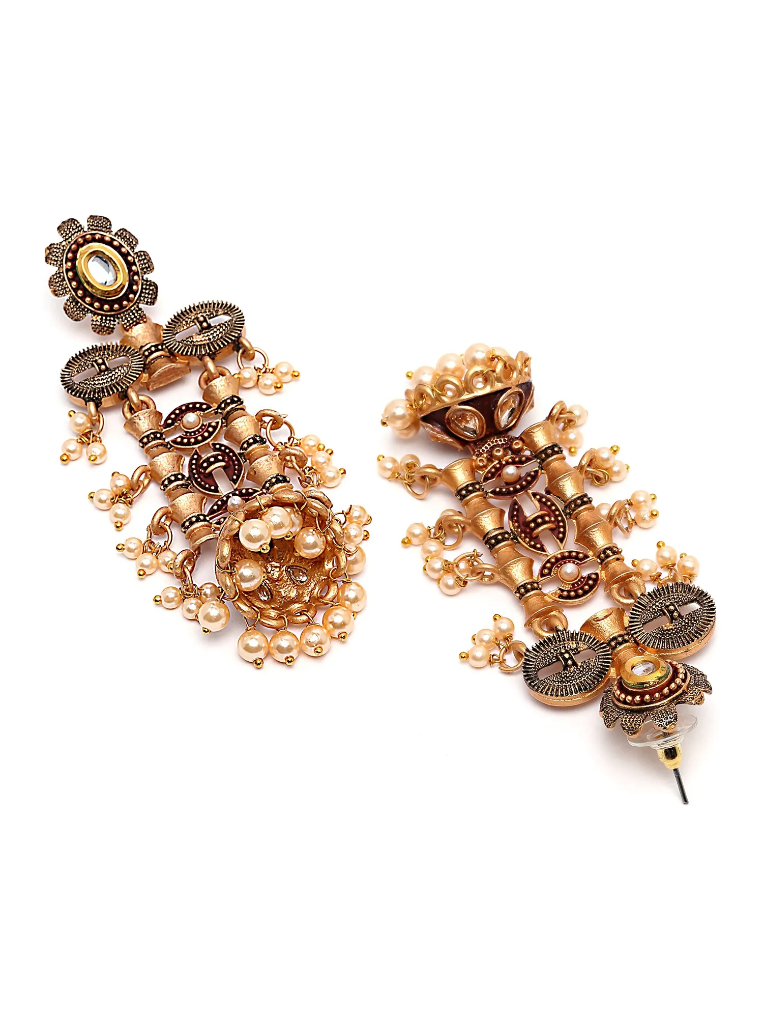 Karatcart Antique Gold Plated Maroon Kundan Drop Earrings for Women