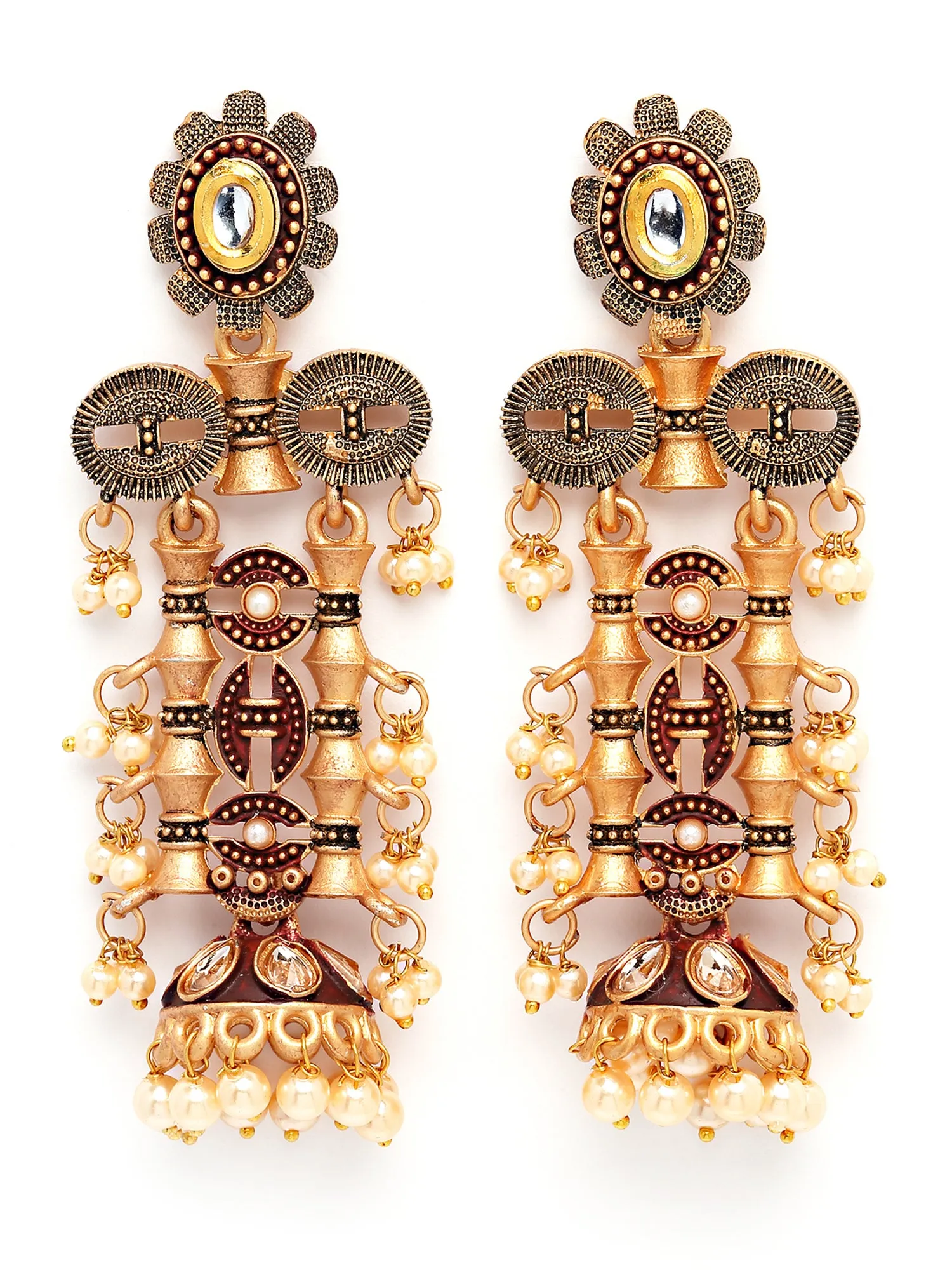 Karatcart Antique Gold Plated Maroon Kundan Drop Earrings for Women