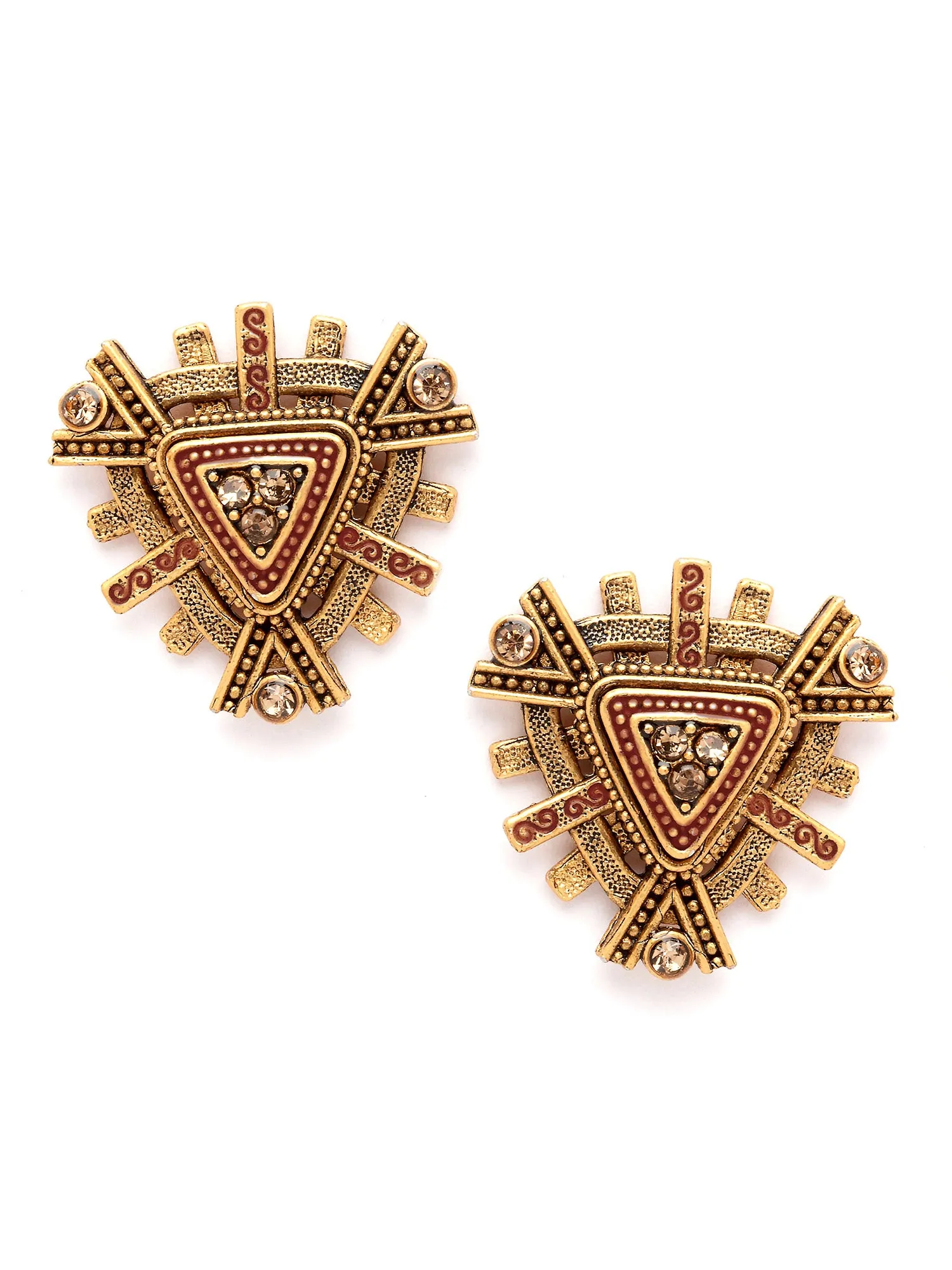 Karatcart Antique Gold Plated Maroon Meena Triangular Stud Earrings for Women