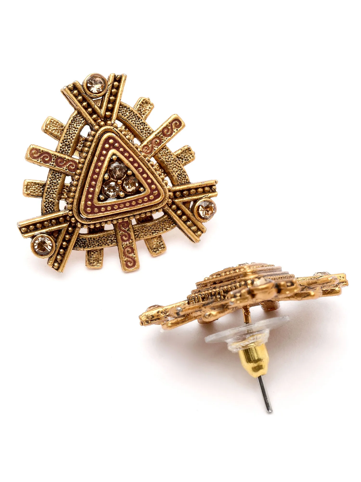 Karatcart Antique Gold Plated Maroon Meena Triangular Stud Earrings for Women