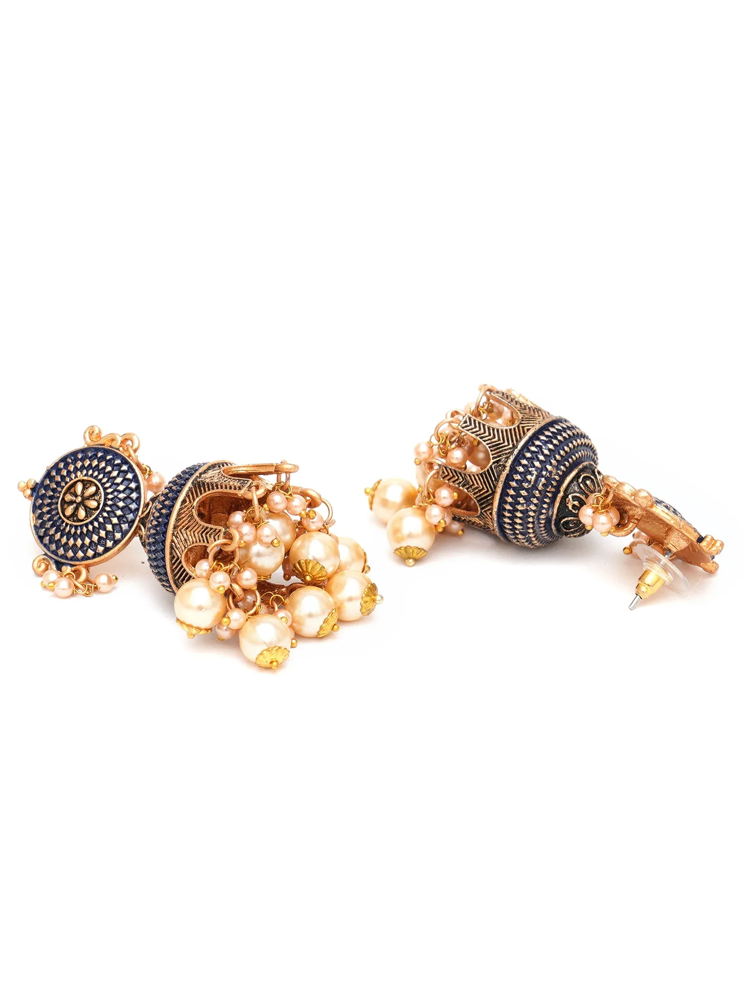 Karatcart Antique Gold Plated Navy Blue Tomb Style with Golden Pearl Jhumki Earrings for Women