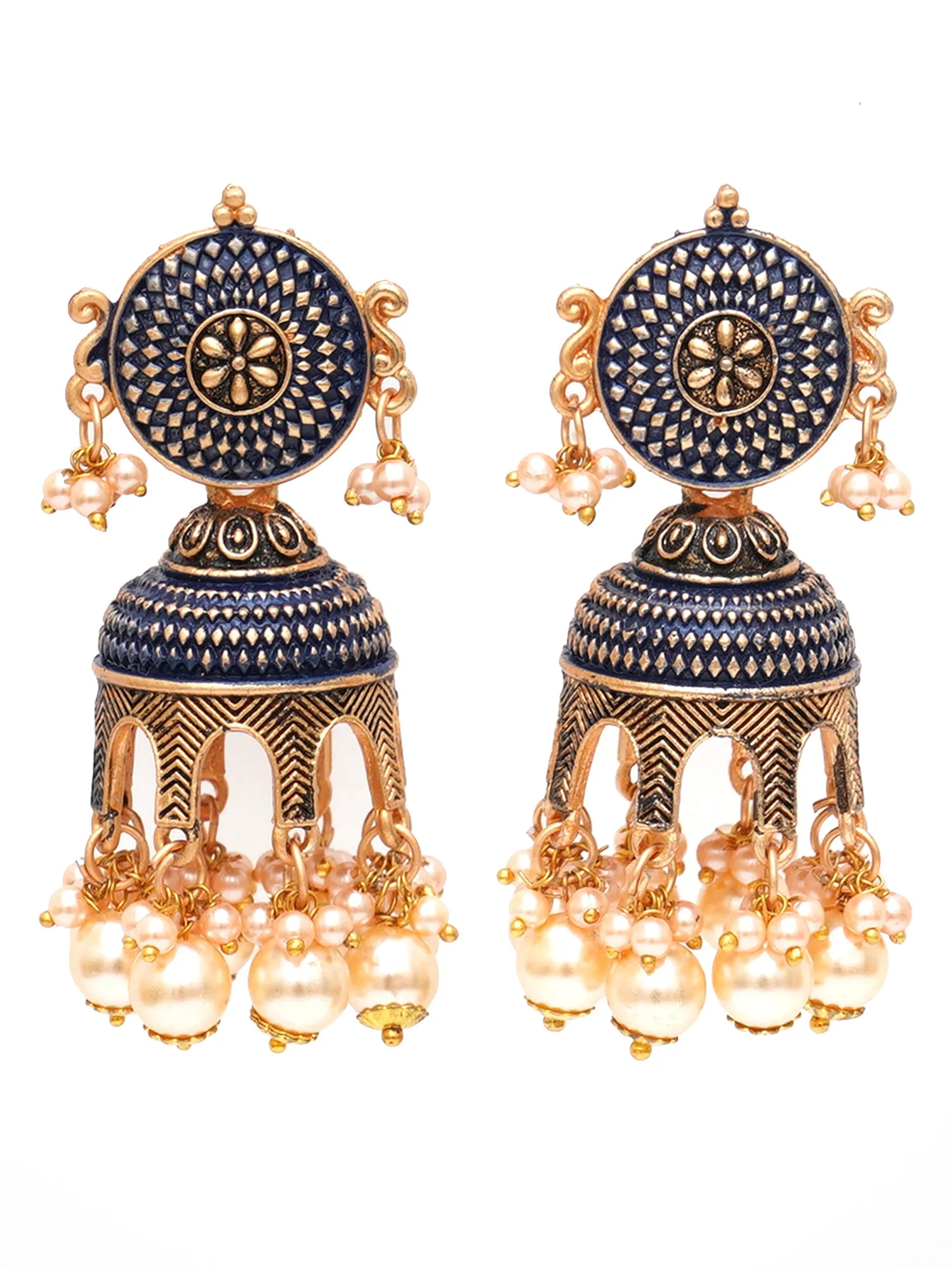 Karatcart Antique Gold Plated Navy Blue Tomb Style with Golden Pearl Jhumki Earrings for Women