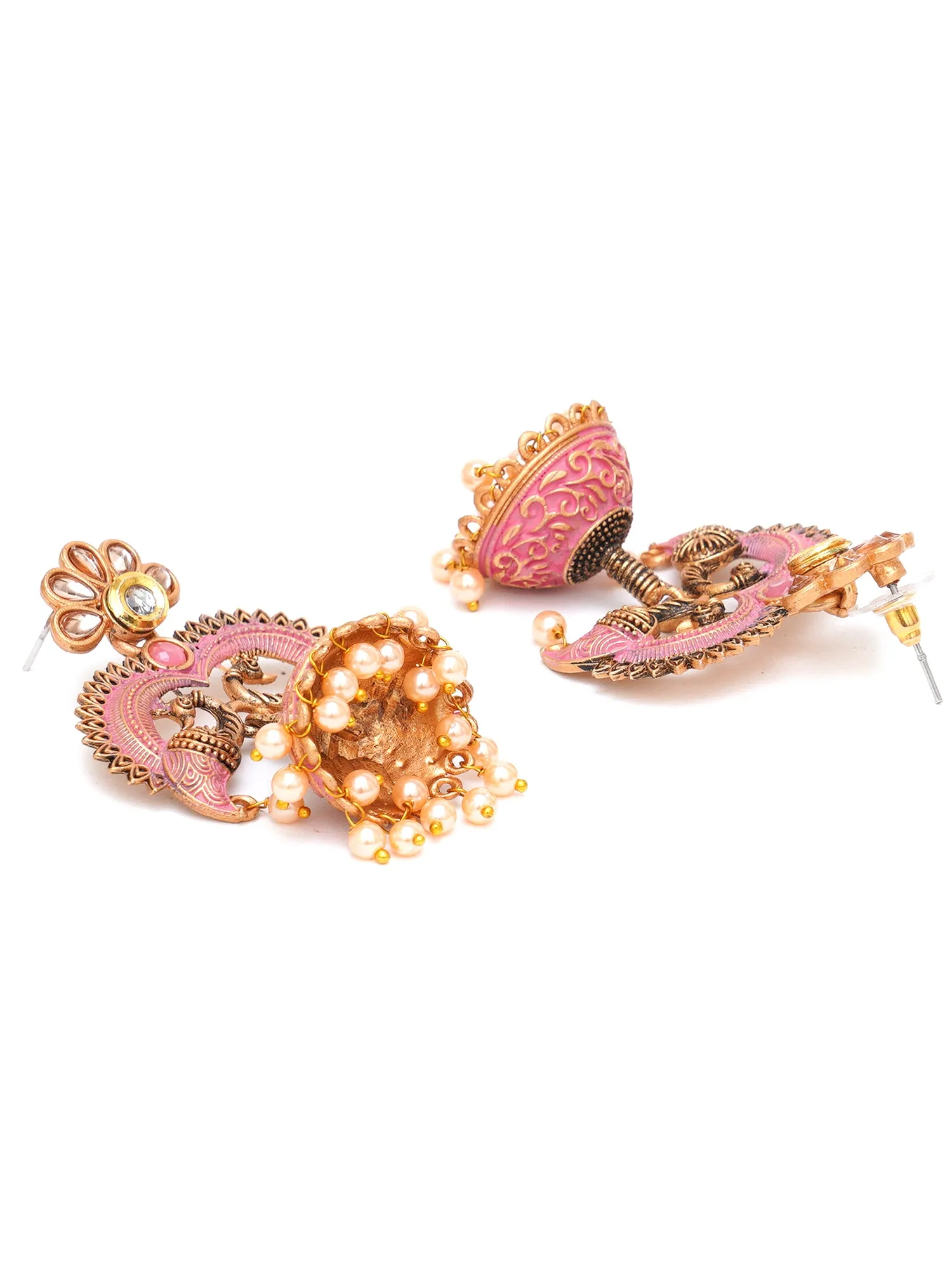 Karatcart Antique Gold Plated Pink Designer Peacock Jhumki Earrings for Women