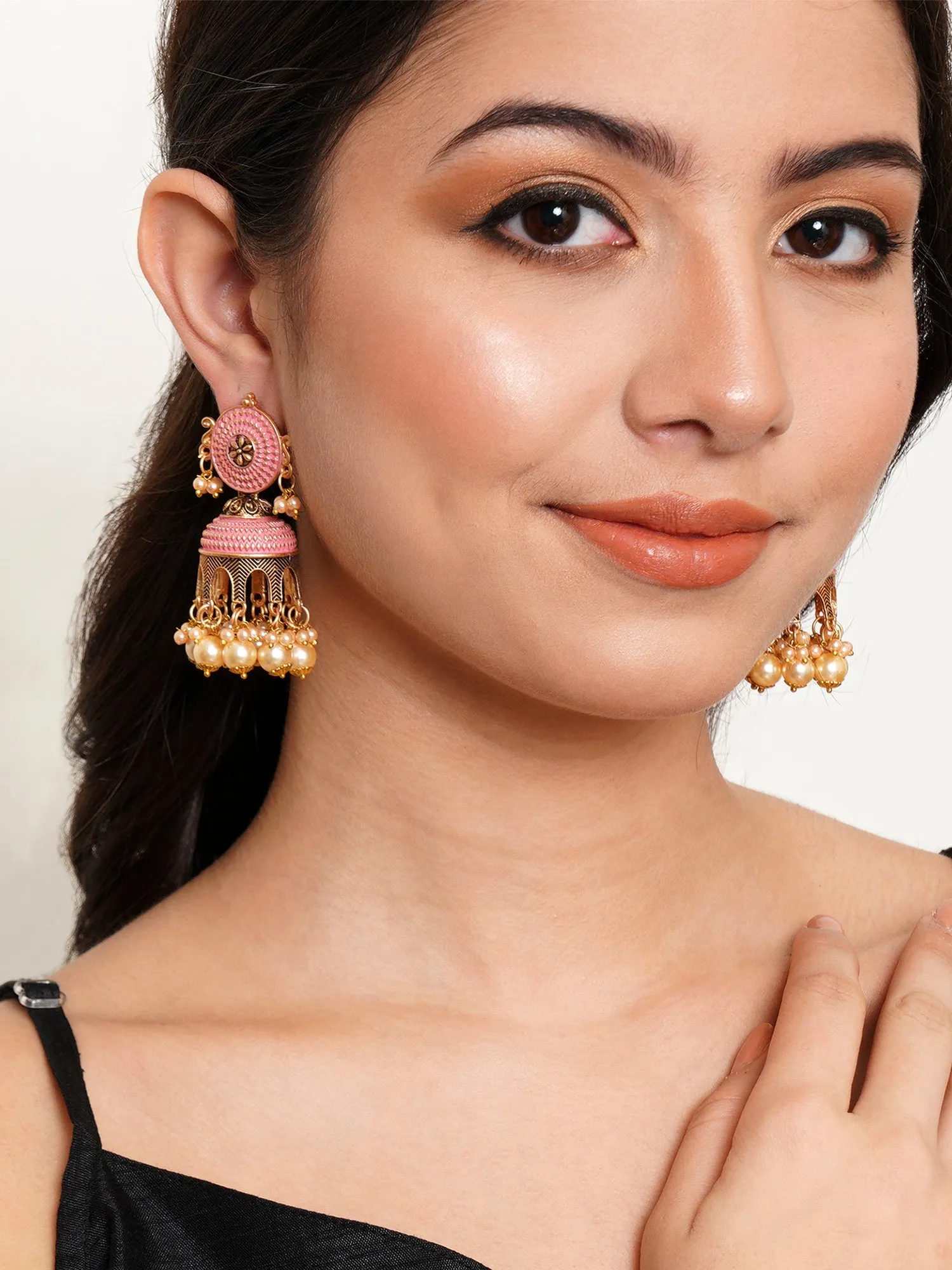 Karatcart Antique Gold Plated PinkTomb Style with Golden Pearl Jhumki Earrings for Women