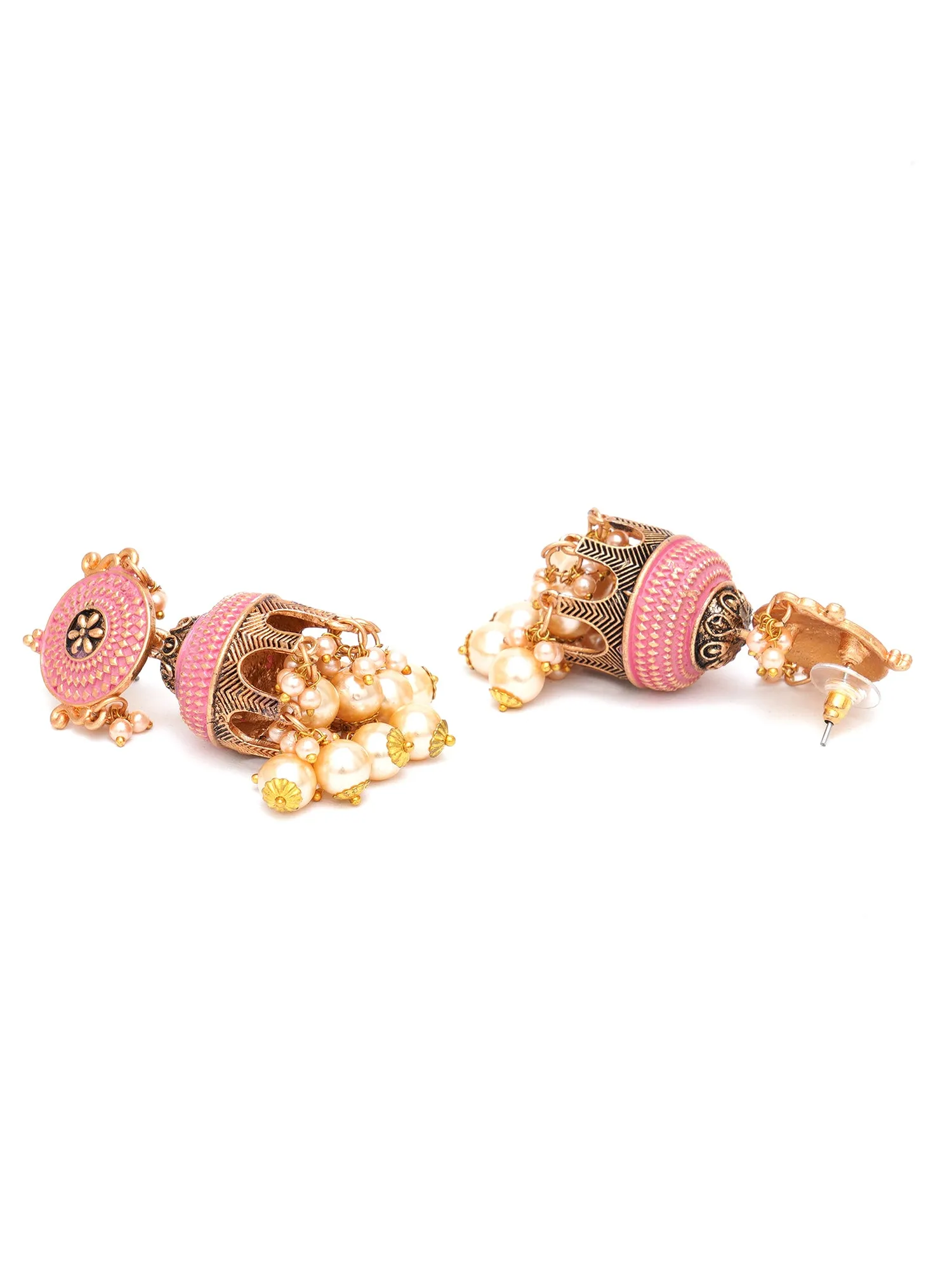 Karatcart Antique Gold Plated PinkTomb Style with Golden Pearl Jhumki Earrings for Women