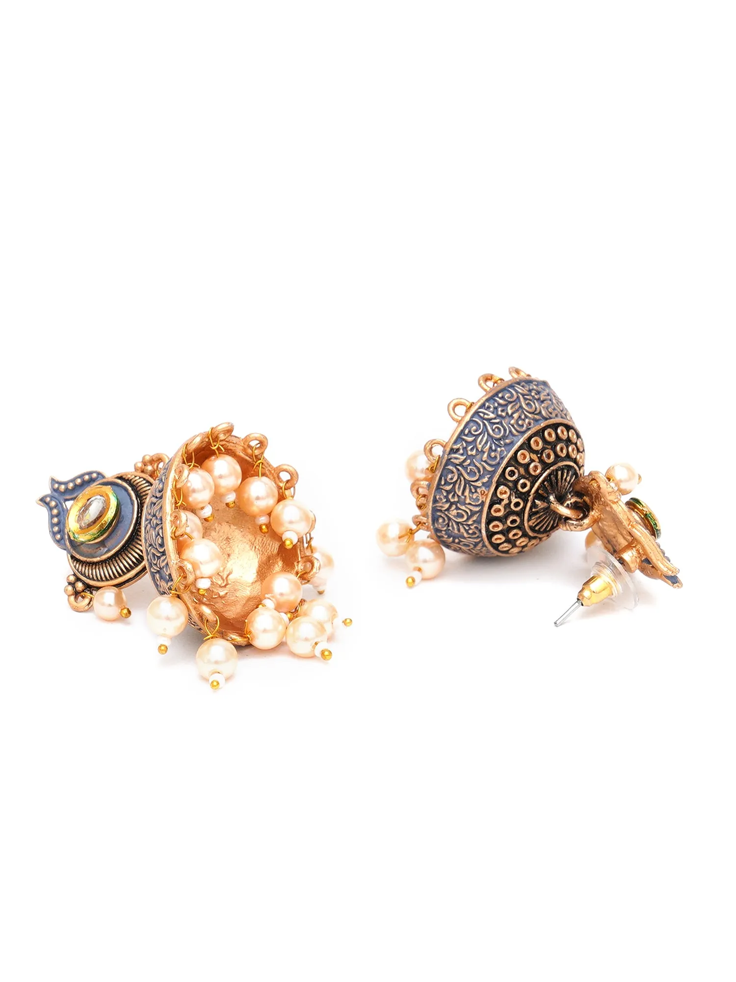 Karatcart Antique Gold Plated Polki Kundan Studded Grey Meena Jhumki Earrings for Women