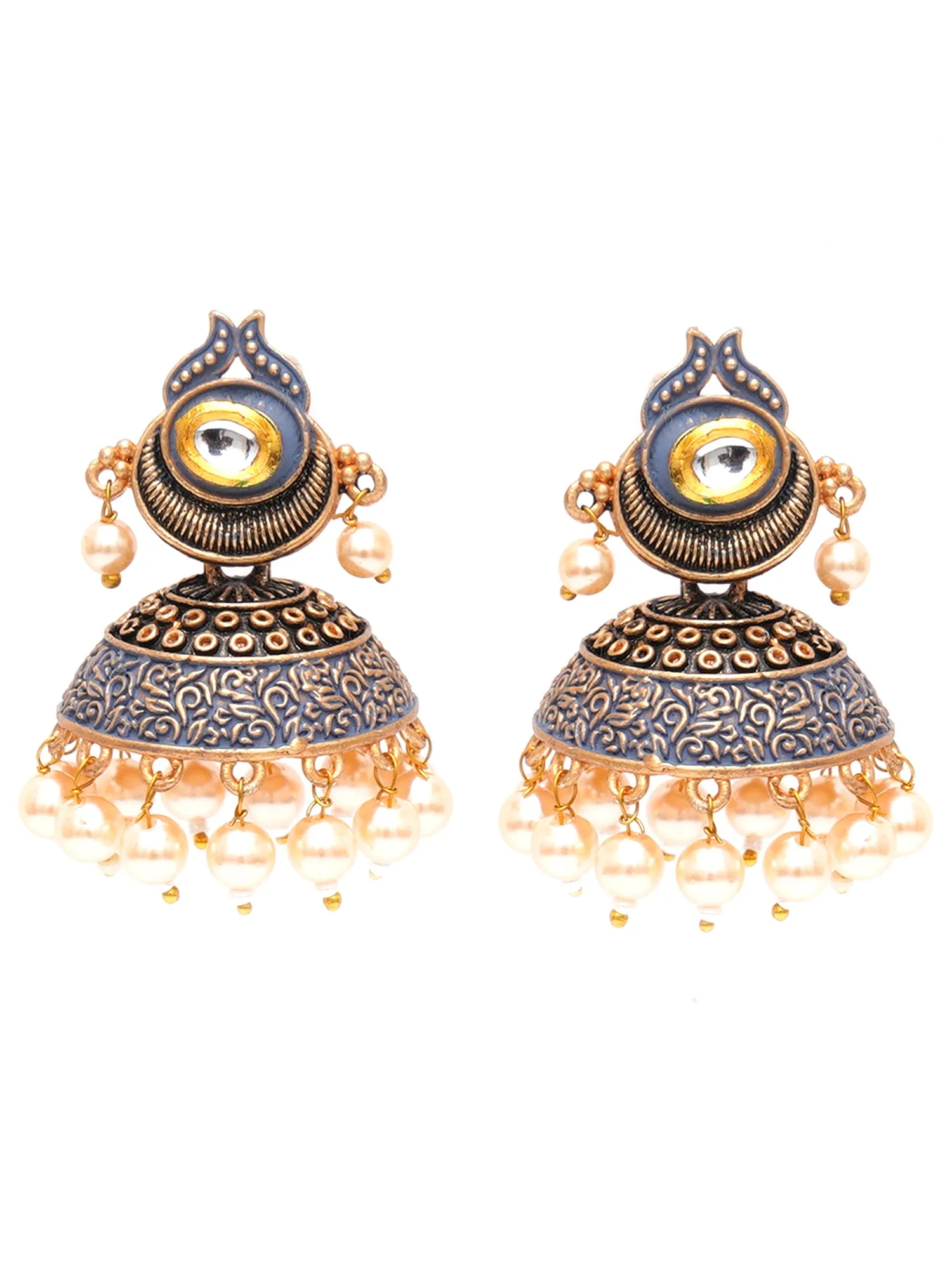Karatcart Antique Gold Plated Polki Kundan Studded Grey Meena Jhumki Earrings for Women