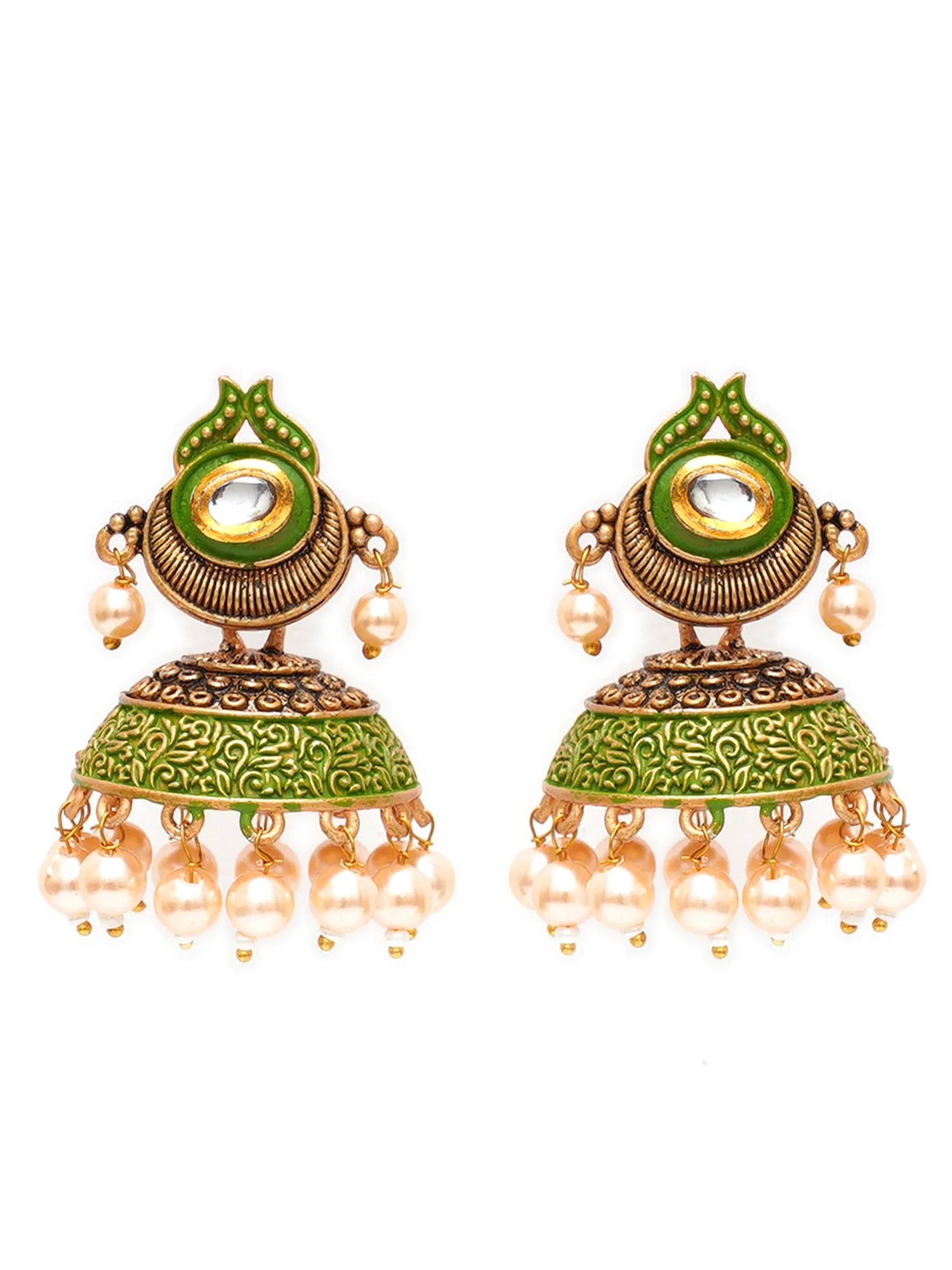 Karatcart Antique Gold Plated Polki Kundan Studded Light Green Meena Jhumki Earrings for Women