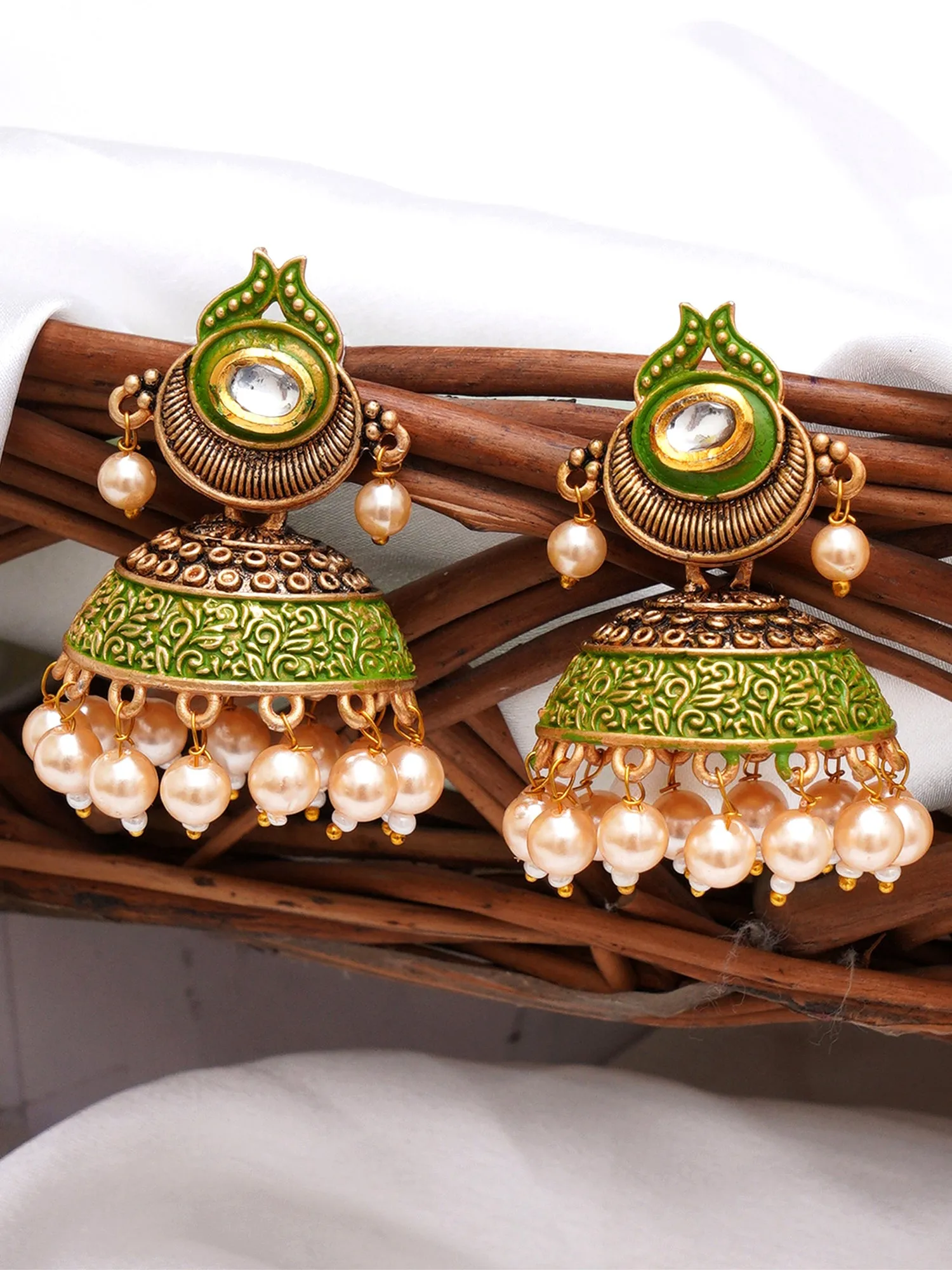 Karatcart Antique Gold Plated Polki Kundan Studded Light Green Meena Jhumki Earrings for Women