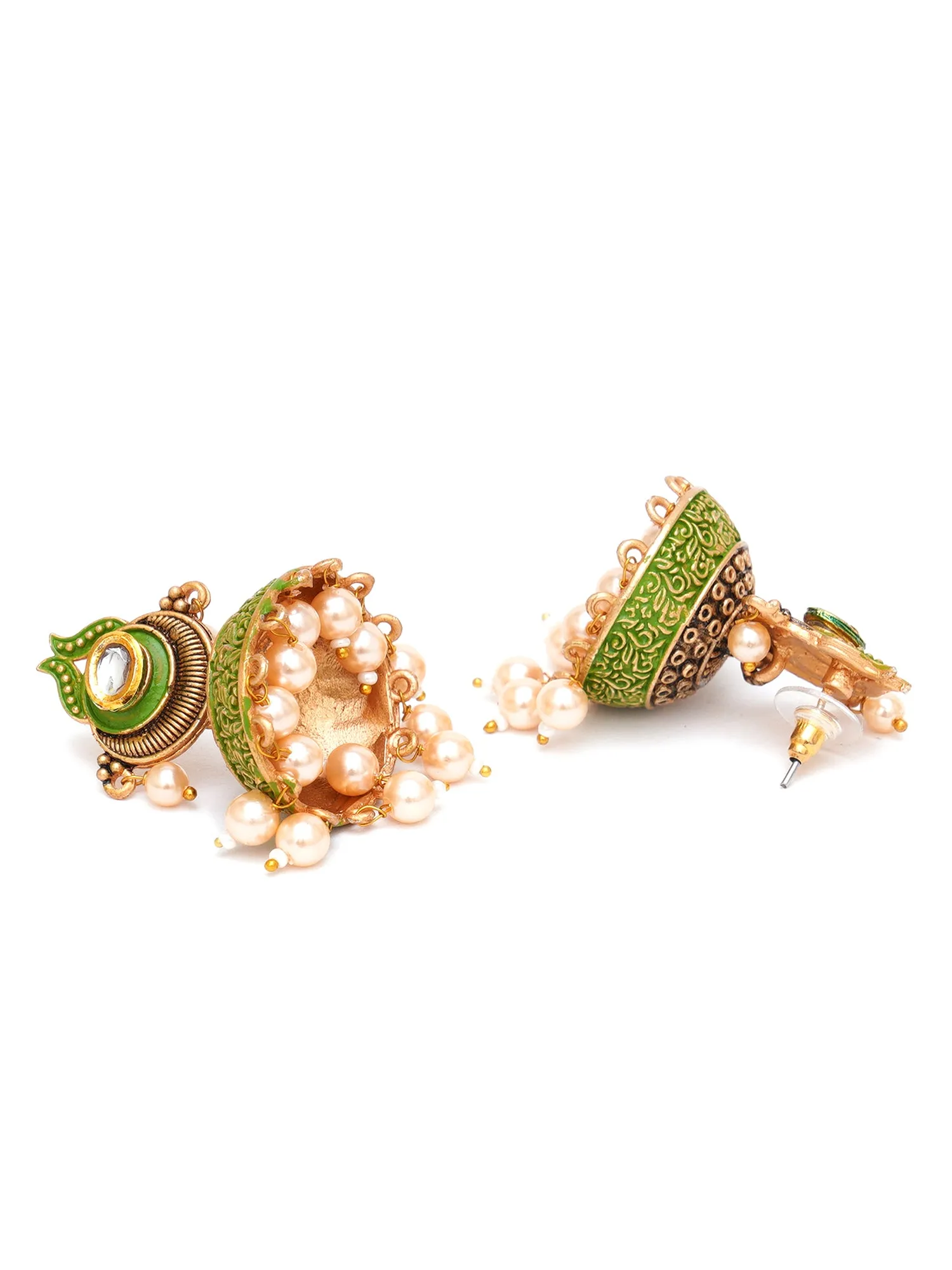 Karatcart Antique Gold Plated Polki Kundan Studded Light Green Meena Jhumki Earrings for Women