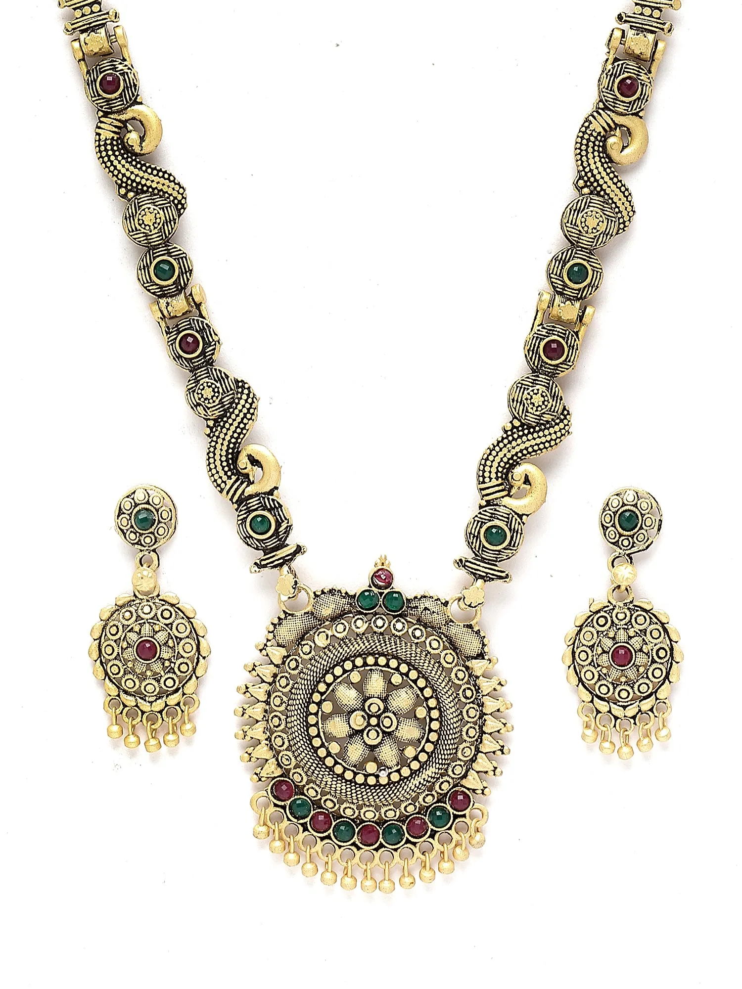 Karatcart Antique Gold Plated Round Floral Design Long Necklace Set for Women