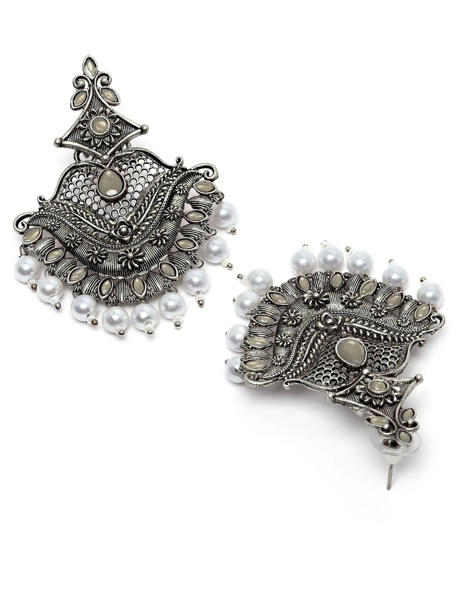 Karatcart Antique Silver Plated Grey Monalisa Stone Studded Dangler Earrings for Women