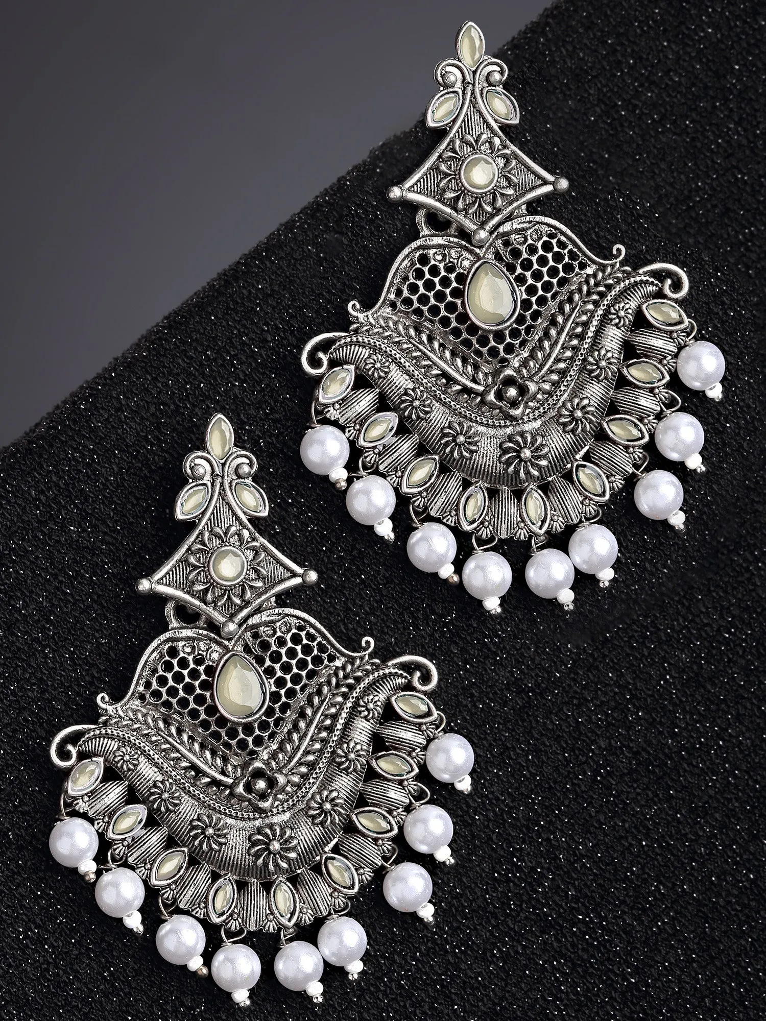 Karatcart Antique Silver Plated Grey Monalisa Stone Studded Dangler Earrings for Women