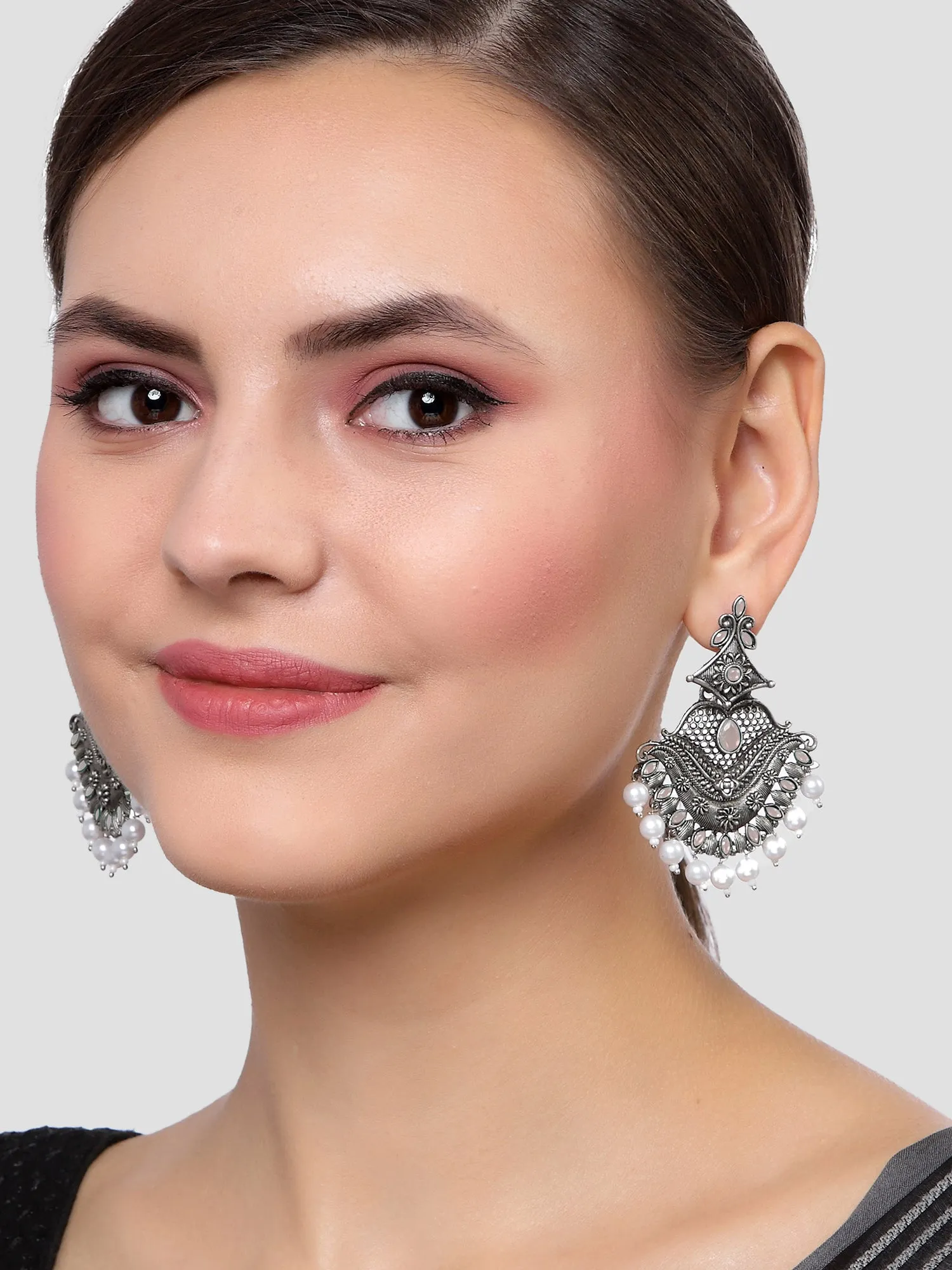 Karatcart Antique Silver Plated Peach Monalisa Stone Studded Dangler Earrings for Women