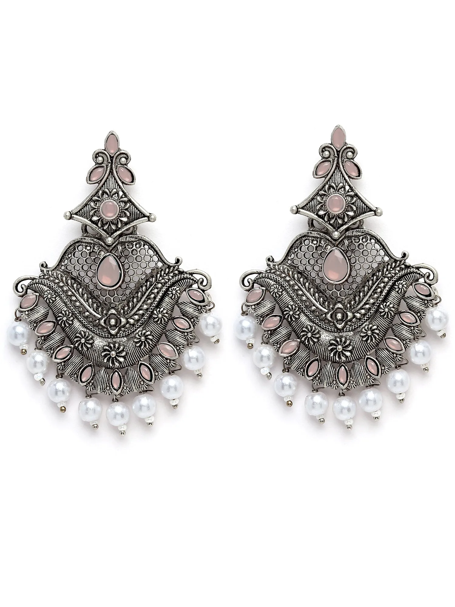 Karatcart Antique Silver Plated Peach Monalisa Stone Studded Dangler Earrings for Women