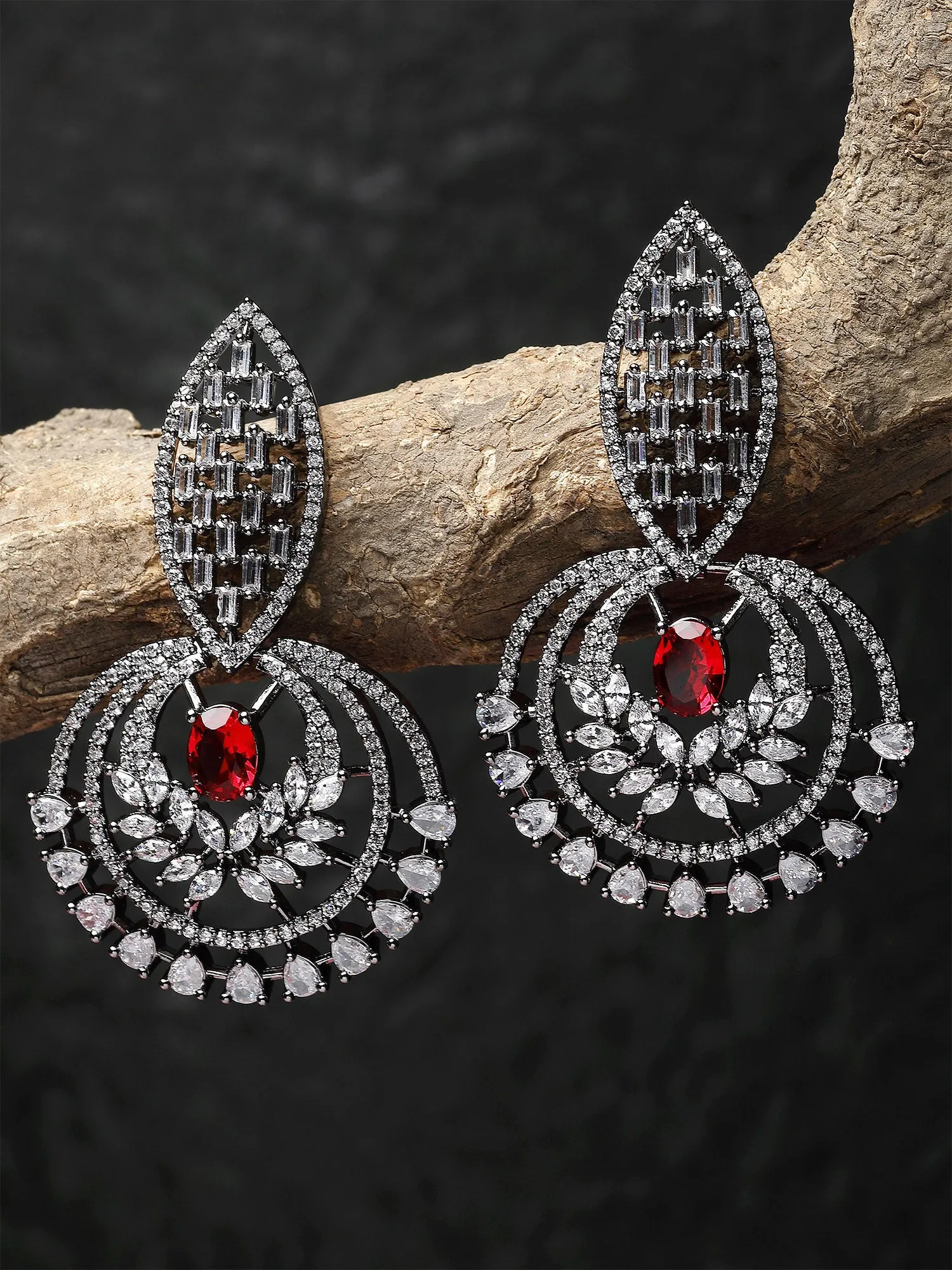 Karatcart Black-Plated Red Cubic Zirconia Studded Dangler Earrings for Women