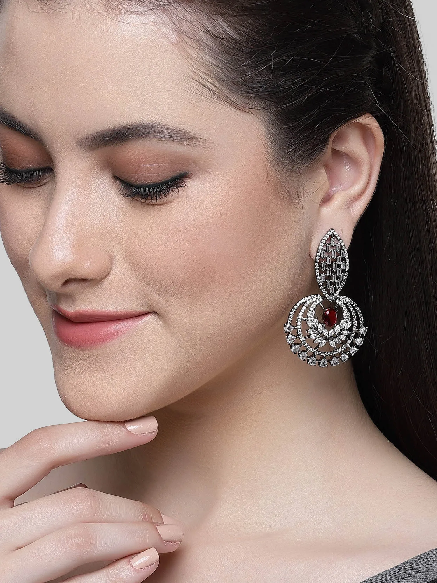 Karatcart Black-Plated Red Cubic Zirconia Studded Dangler Earrings for Women
