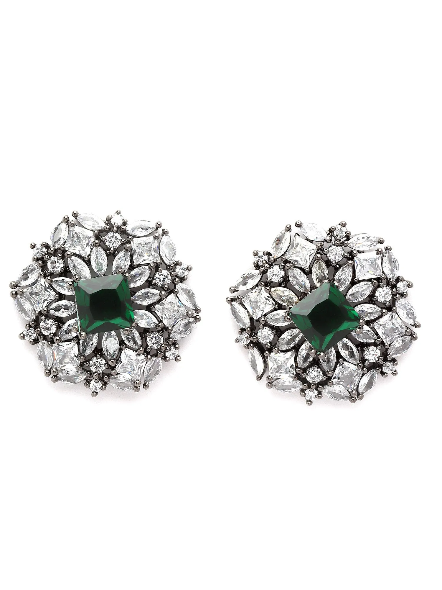 Karatcart Black Silver Plated Green Cubic Zirconia Stud Earrings for Women