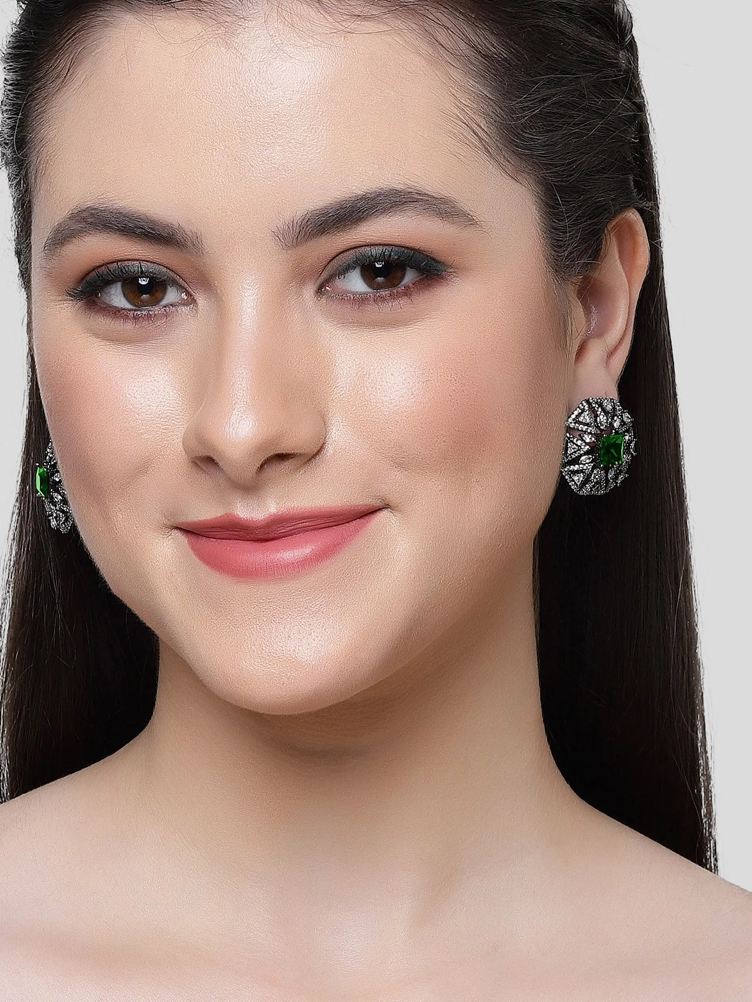Karatcart Black Silver Plated Green Cubic Zirconia Stud Earrings for Women