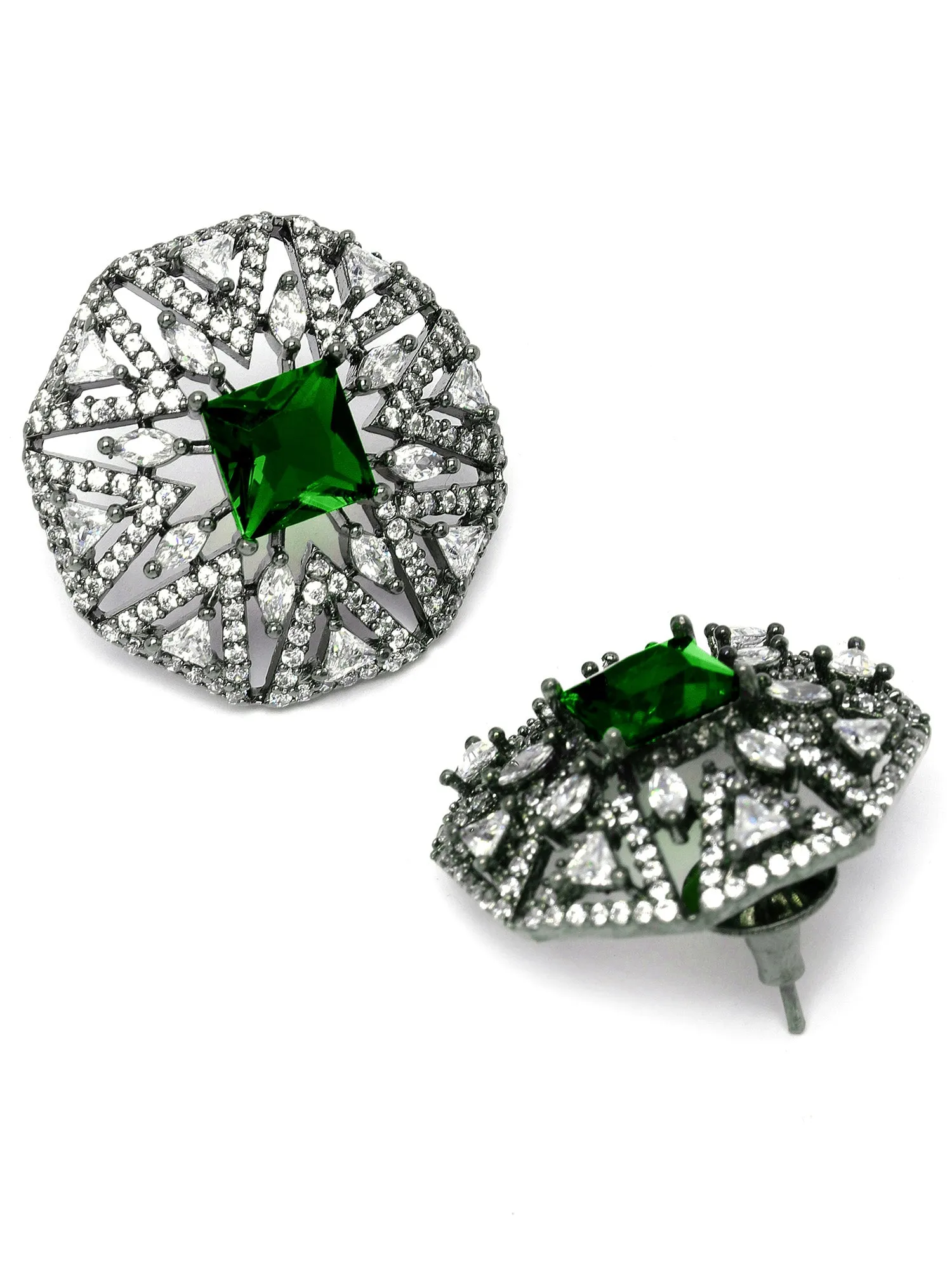 Karatcart Black Silver Plated Green Cubic Zirconia Stud Earrings for Women