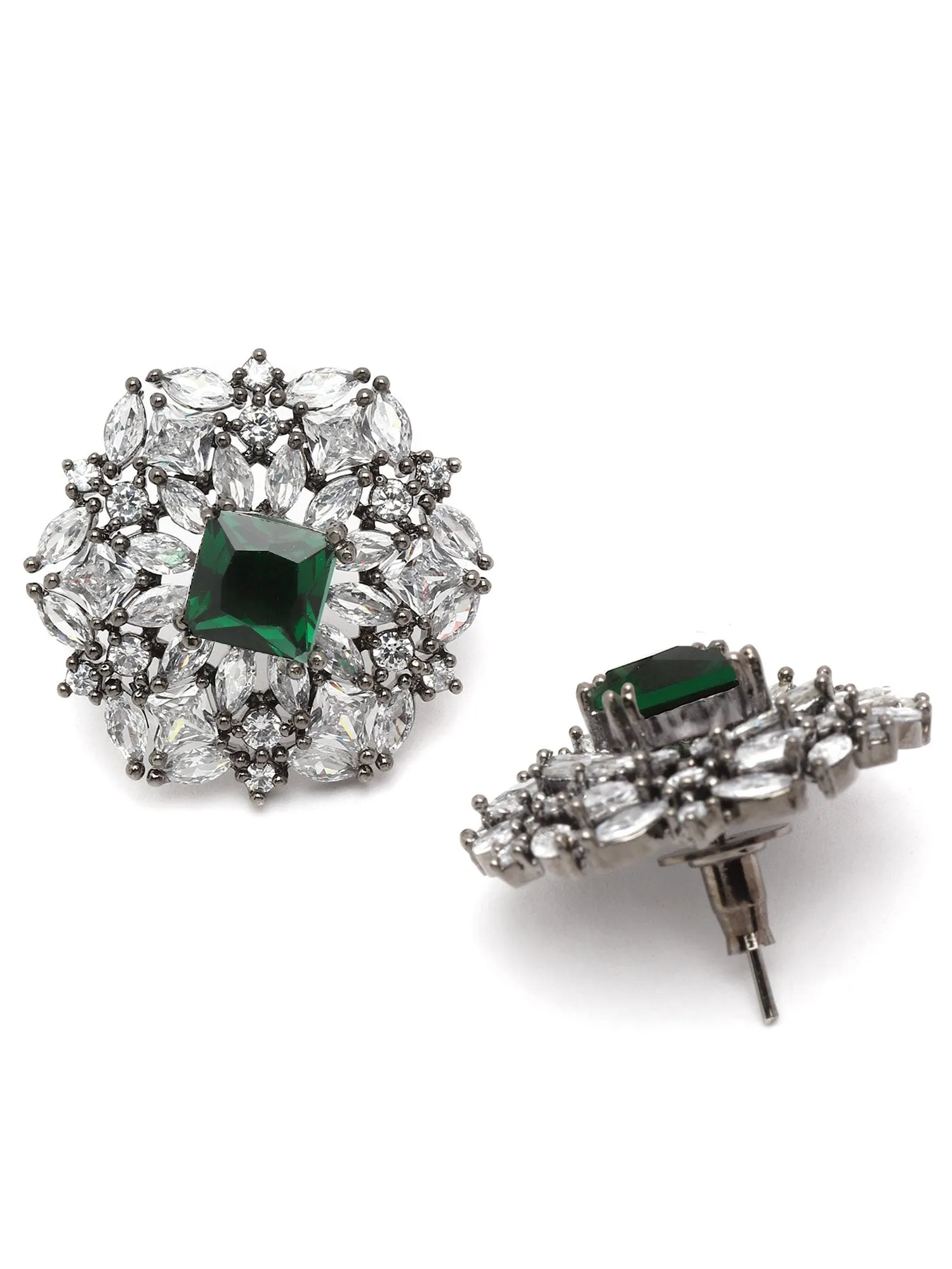 Karatcart Black Silver Plated Green Cubic Zirconia Stud Earrings for Women