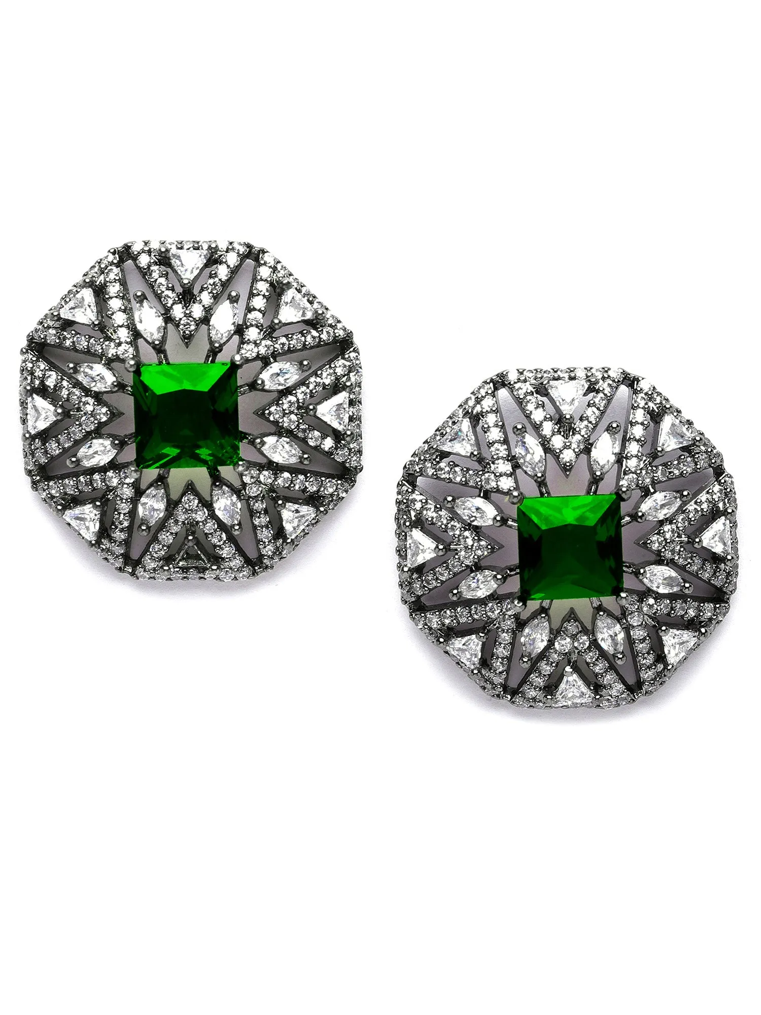 Karatcart Black Silver Plated Green Cubic Zirconia Stud Earrings for Women