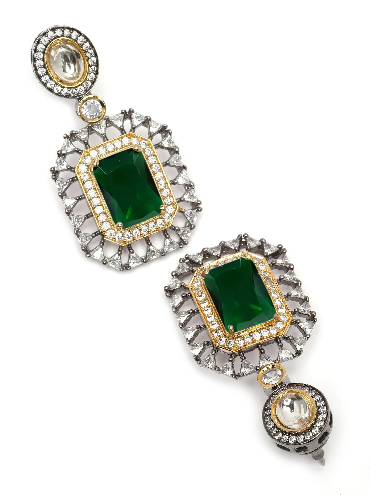 Karatcart Black Silver Plated Green Cubic Zirconia Studded Drop Earrings for Women