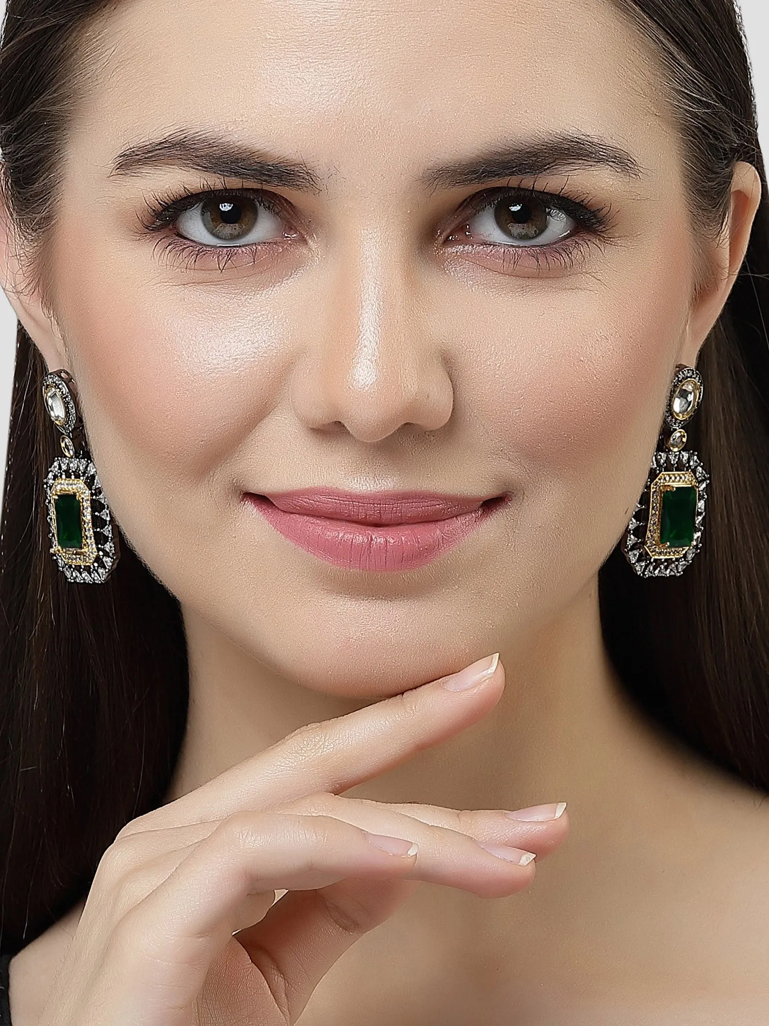 Karatcart Black Silver Plated Green Cubic Zirconia Studded Drop Earrings for Women