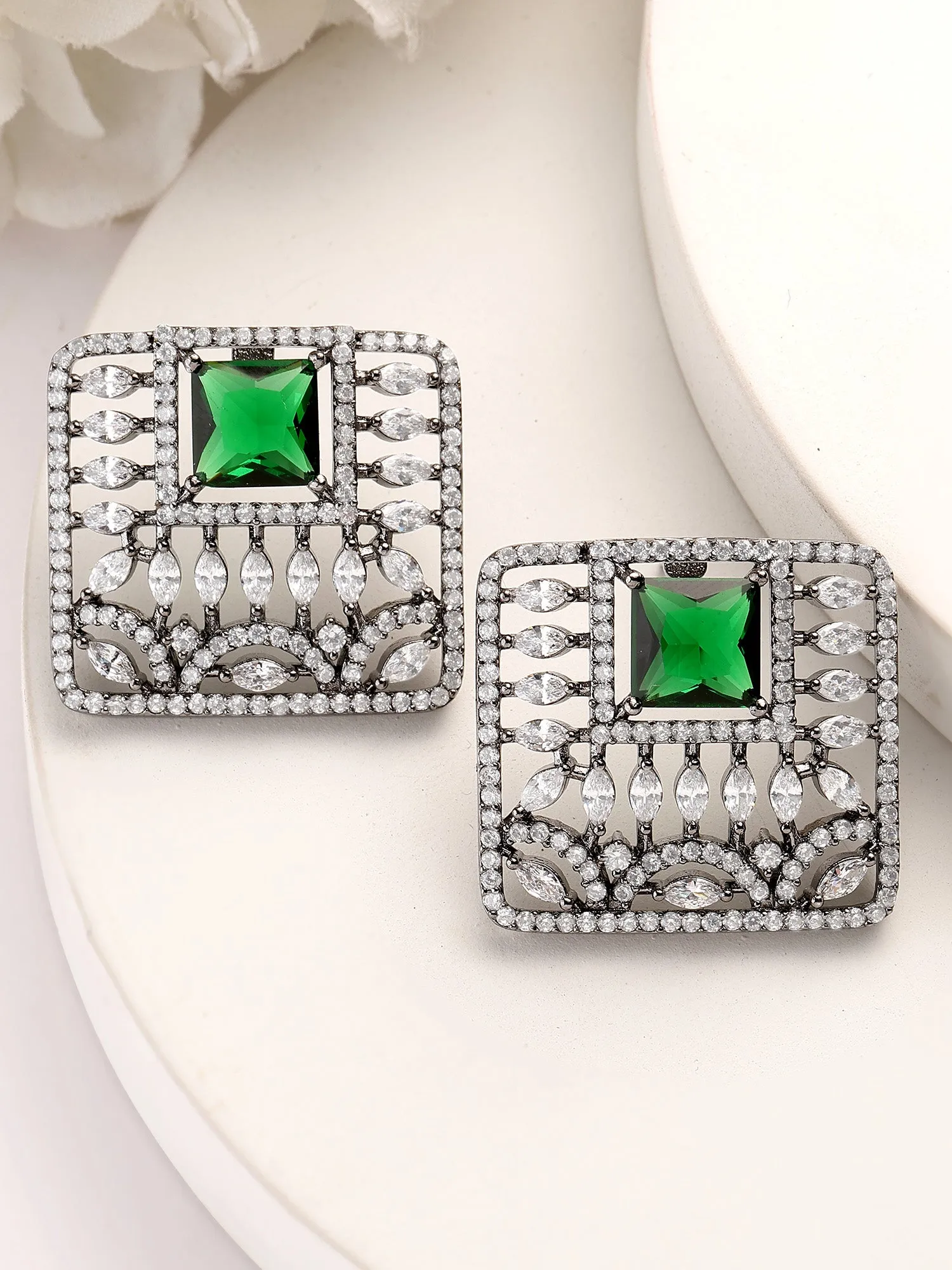 Karatcart Black Silver Plated Green Stones AD Stud Earrings for Women