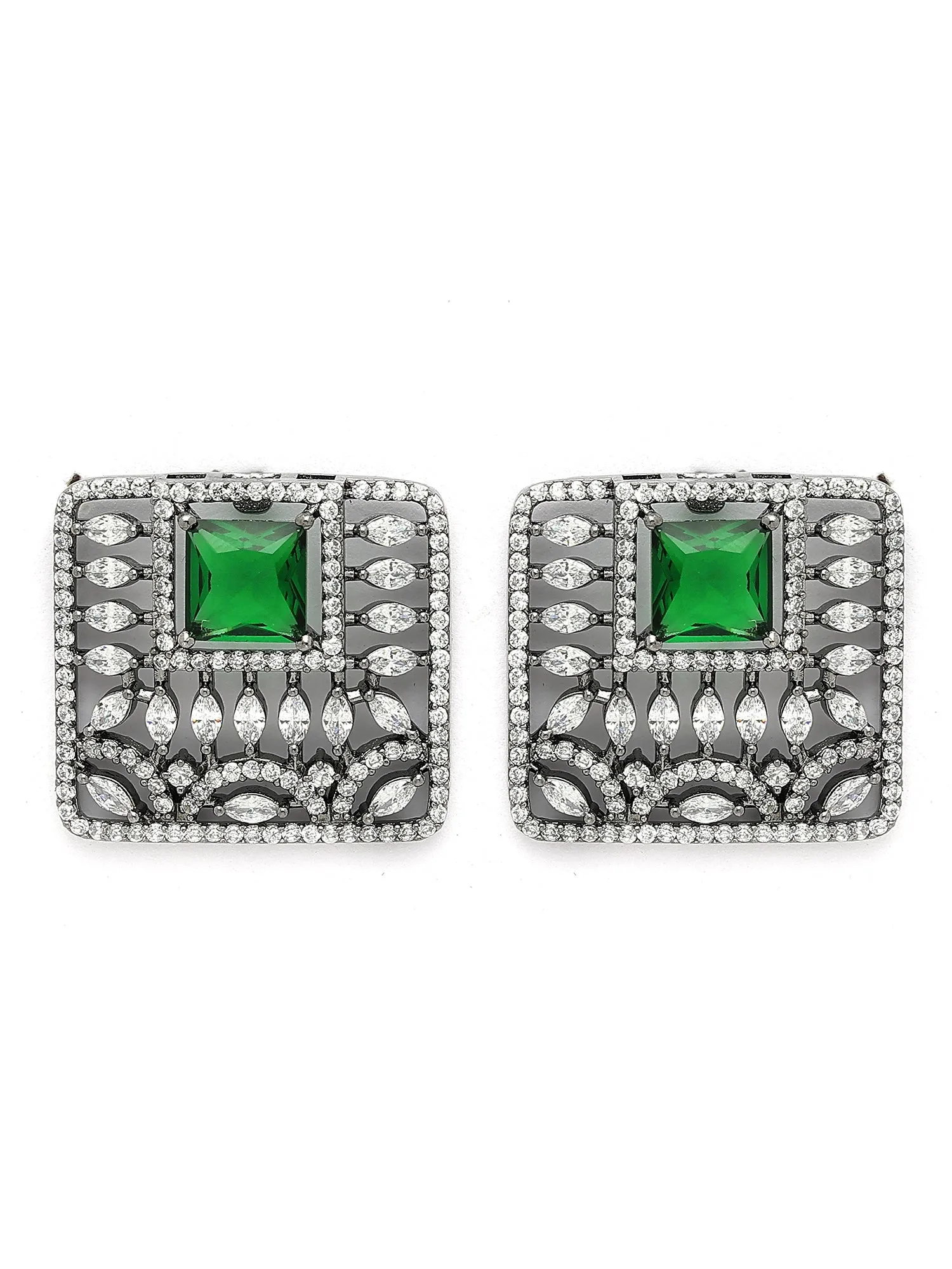 Karatcart Black Silver Plated Green Stones AD Stud Earrings for Women