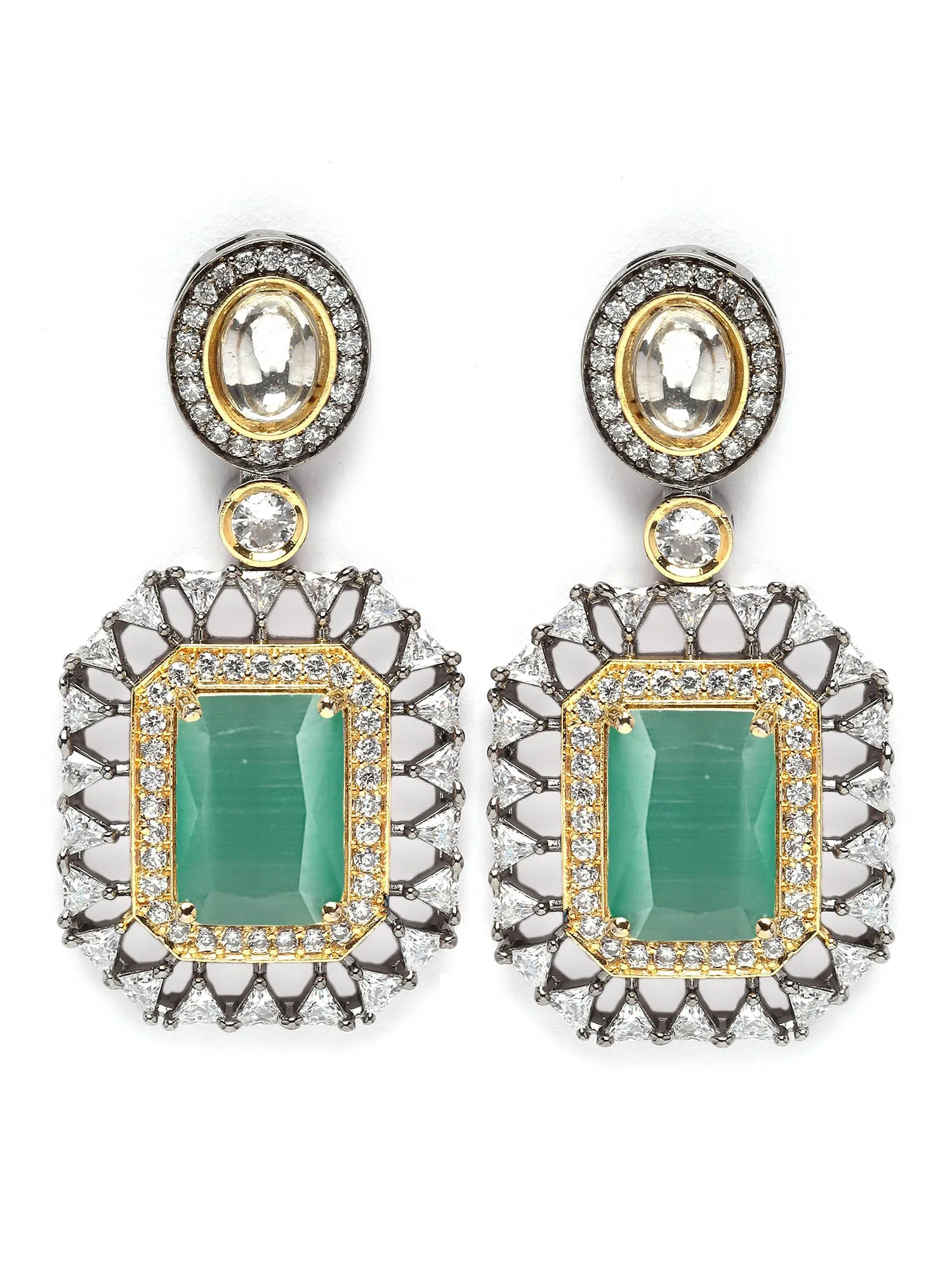 Karatcart Black Silver Plated Lime Green Cubic Zirconia Studded Drop Earrings for Women