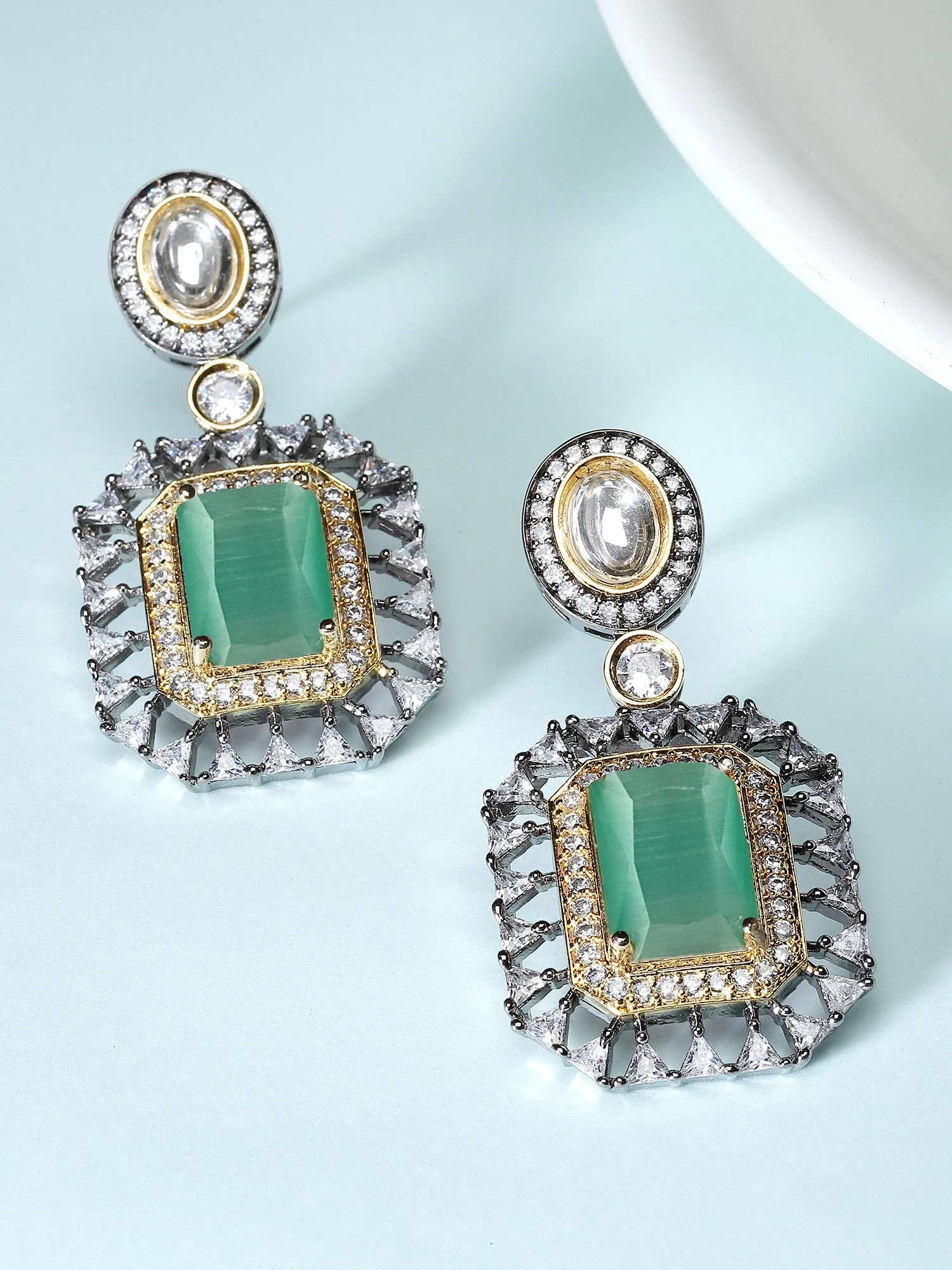 Karatcart Black Silver Plated Lime Green Cubic Zirconia Studded Drop Earrings for Women